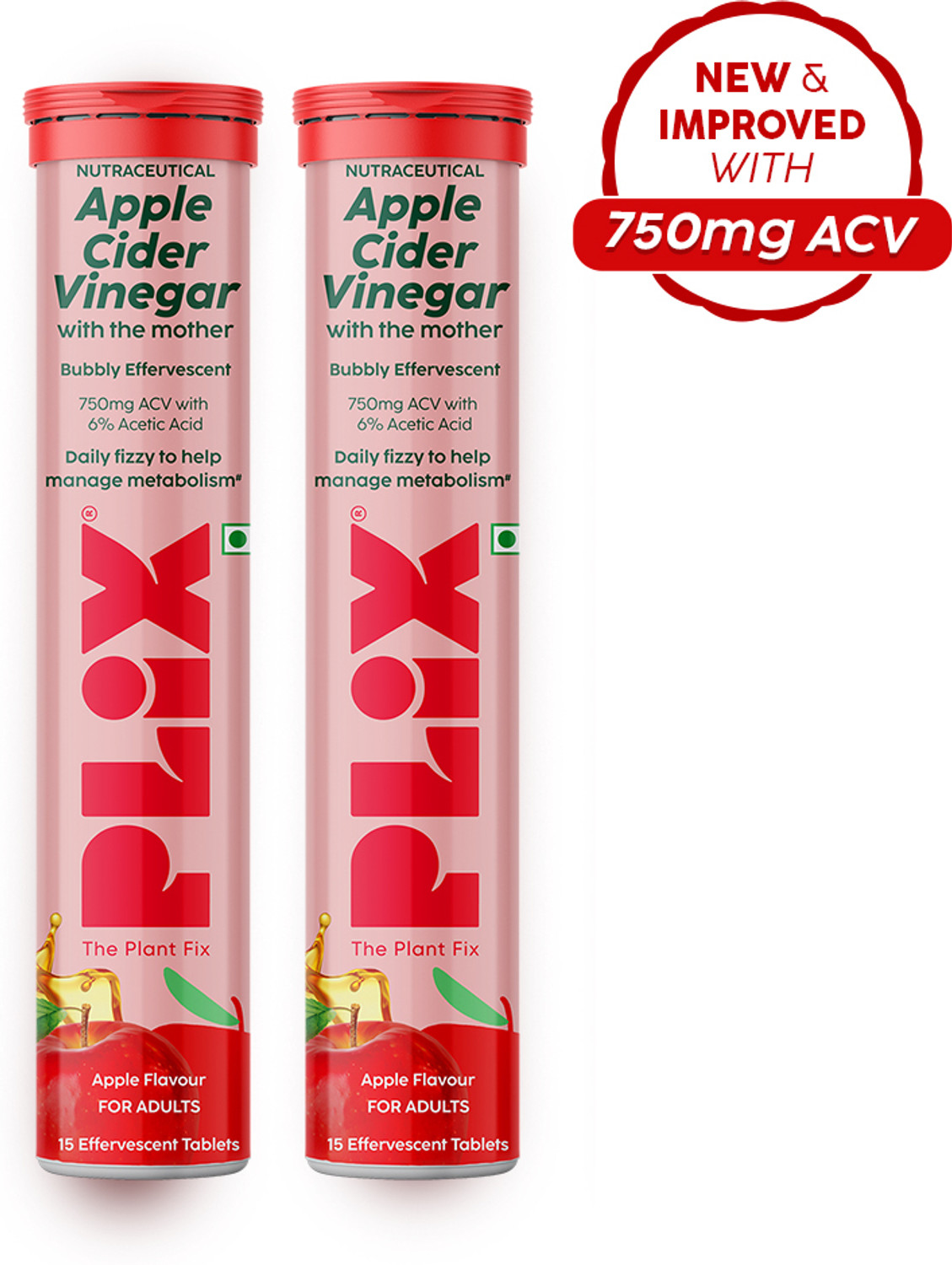 Image of The Plant Fix Plix Apple Cider Vinegar Effervescent Tablet | With Mother | 750mg ACV (2 x 15 Tablets)