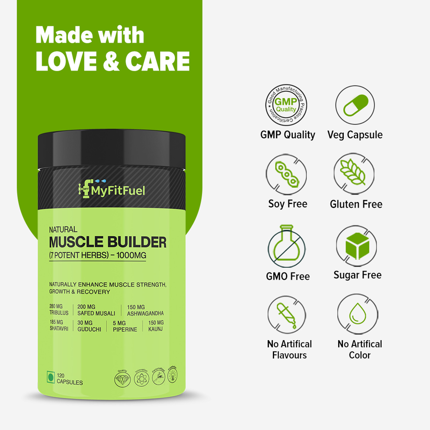 Image of MyFitFuel Natural Muscle Builder, 7 Herbs 1000mg Enhance Muscle Strength Recovery 120 Caps