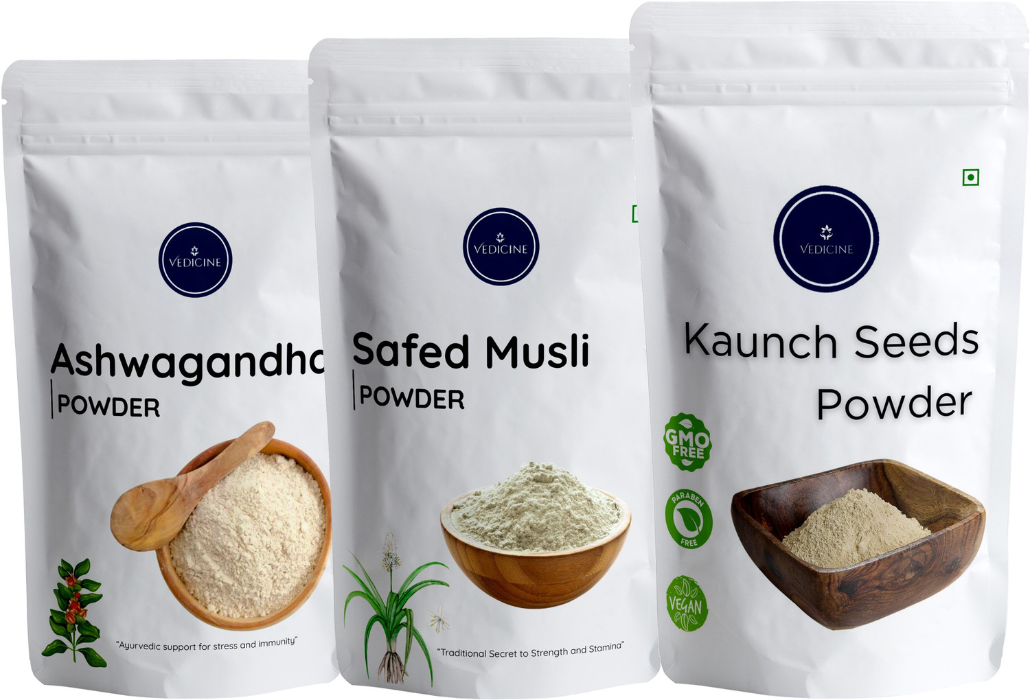 Image of VEDICINE Natural Ashwagandha Safed Musli Kaunch Beej Konch Seed Powder Churna