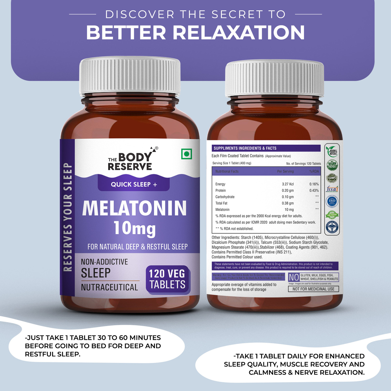 Image of THE BODY RESERVE Melatonin 10mg (120) Tablets for Natural Deep Sleep, Muscle & Nerve Relaxation.