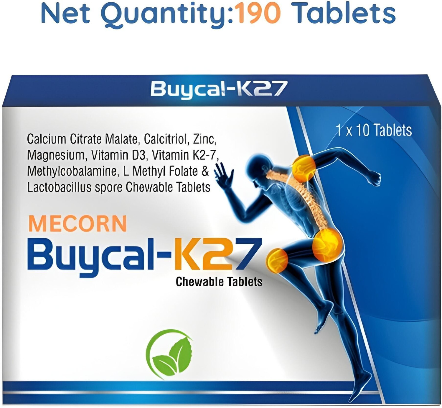 Image of MECORN BUYCAL K27 Calcium Supplement with D3 & B12, Chewable Mint Flevour, 190 Tablets