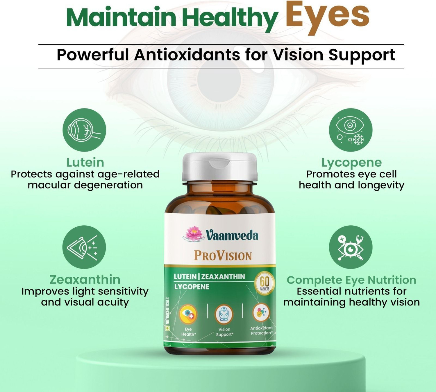 Image of Vaamveda ProVision Eye Care Supplement Lutein Zeaxanthin Eye Health Vision Support