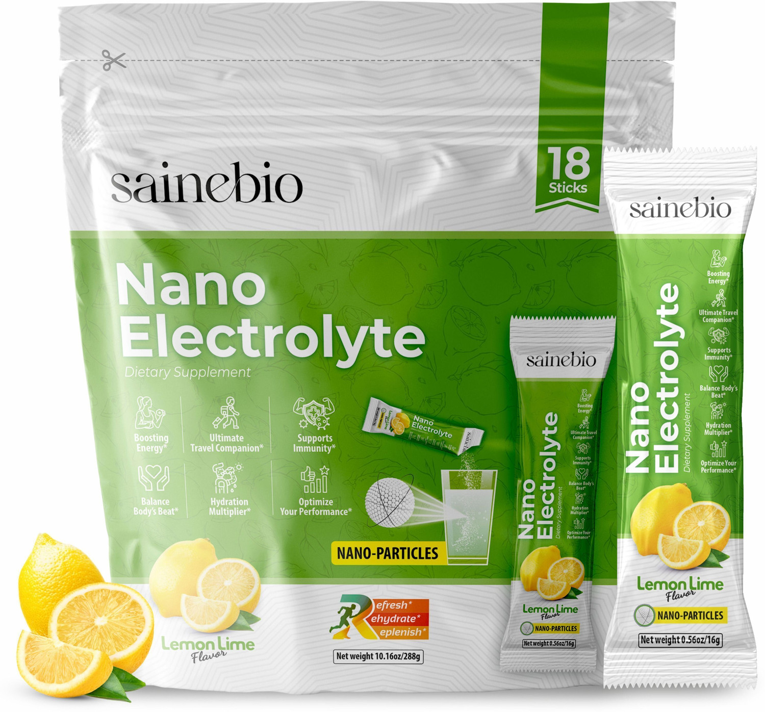 Image of sainebio Nano Electrolyte Powder - Lemon Flavour - 18 Sachets (16g Each)
