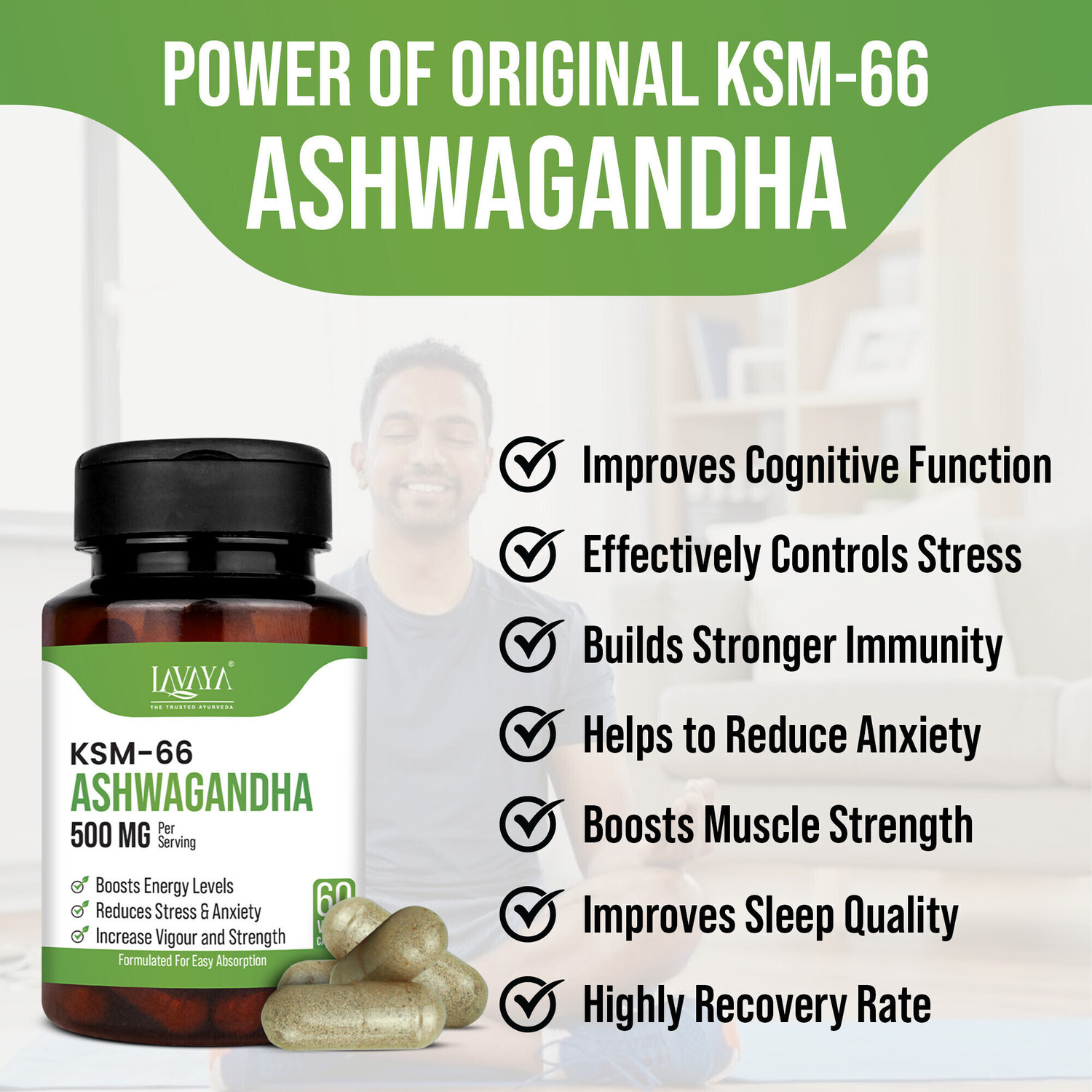 Image of Lavaya Ashwagandha KSM-66 | Support Strength & Energy| Stress Relief | Vegan