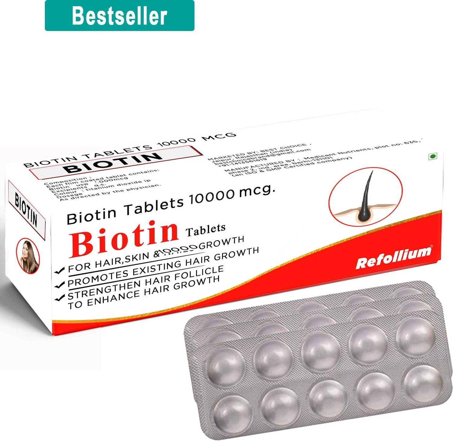 Refollium Biotin 10000 mcg Maximum Strength For Hair Growth ,Skin