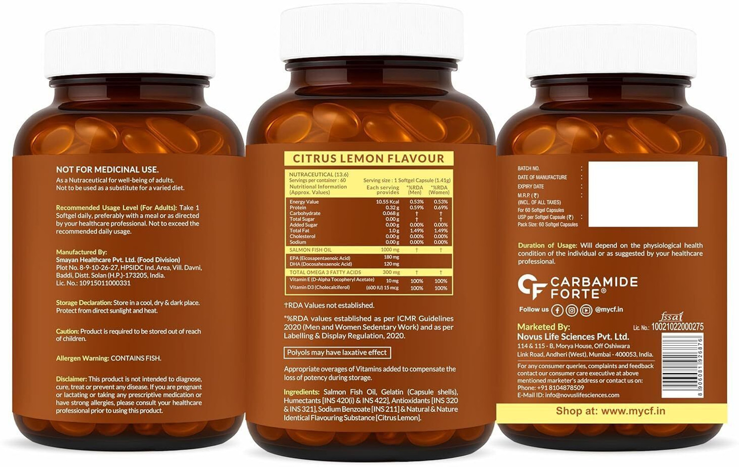 Image of CARBAMIDE FORTE Salmon Fish Oil Omega 3 Capsules 1000mg With Vitamin D3 + E For Heart Health