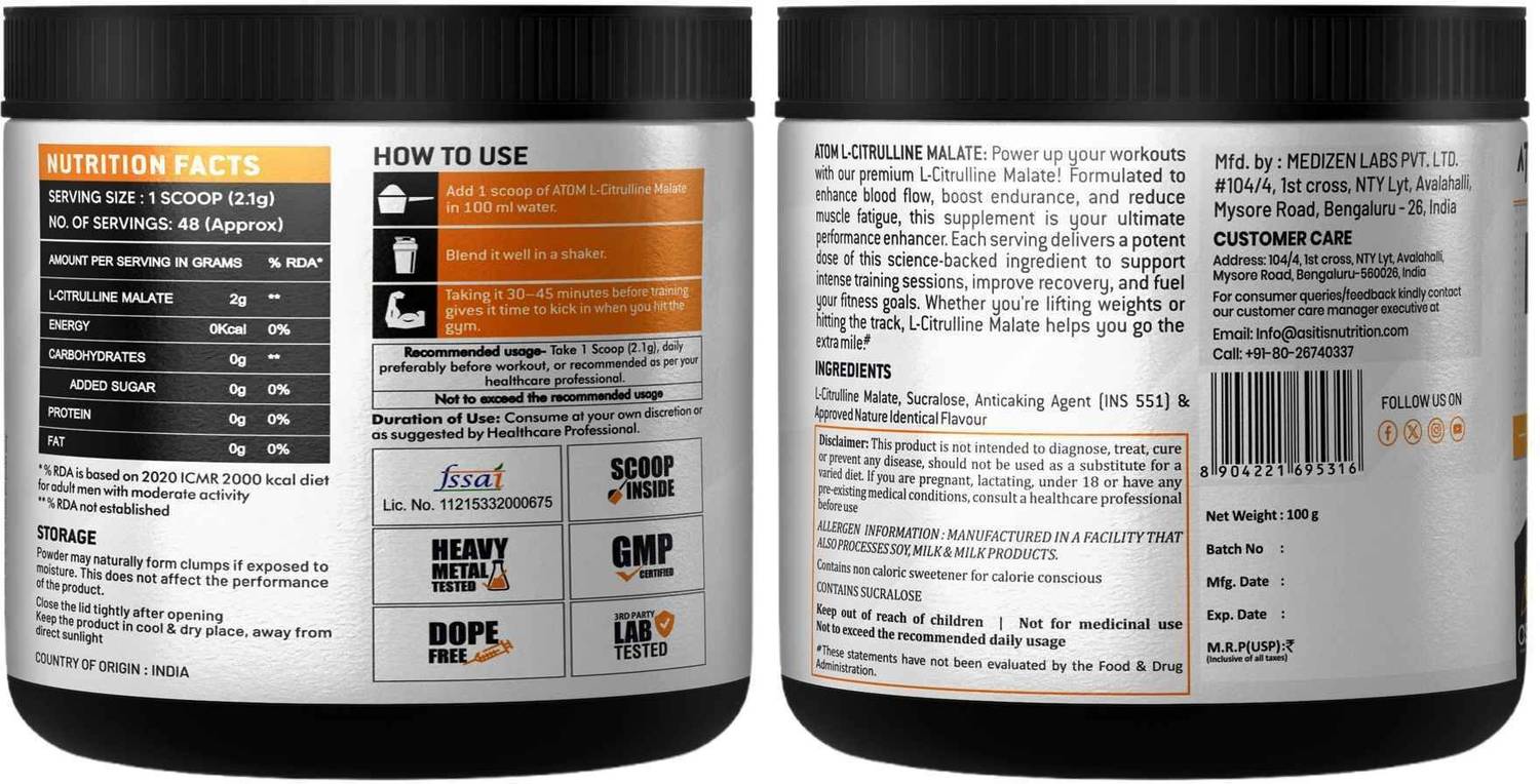 AS-IT-IS Nutrition ATOM L Citrulline Malate 2:1 - 100g - Image 2