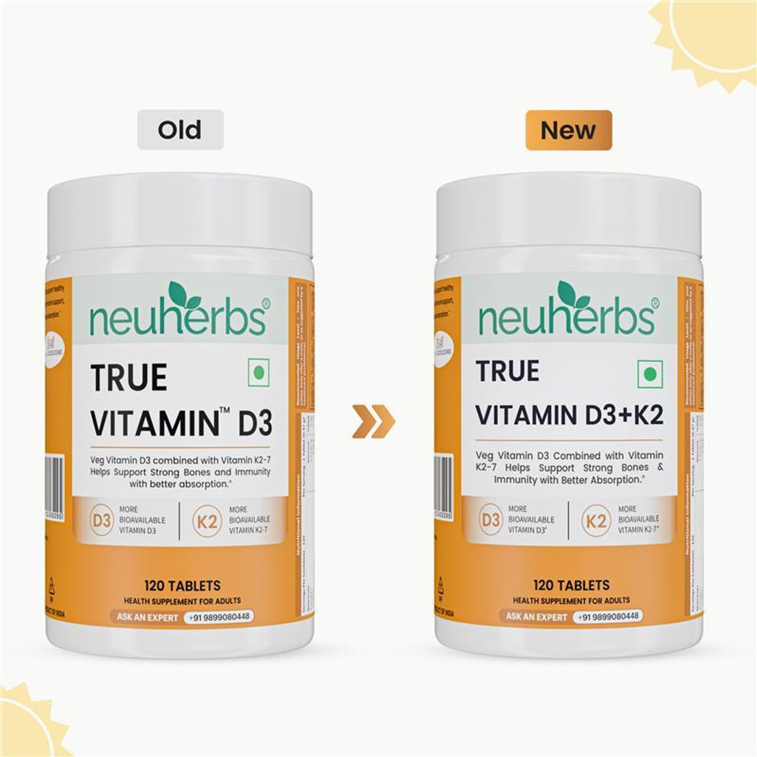 Image of Neuherbs True Vitamin D3 (600 IU) K2 MK7 Tablets | Supports Stronger Bones & Immunity