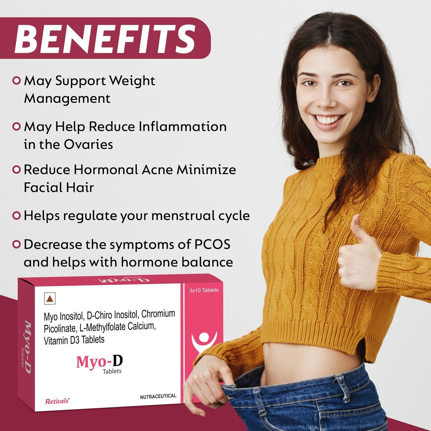 Image of Reticals PCOS, PCOD management for women | Myo-inositol,D-Chiro Inositol,(Pack of 30)