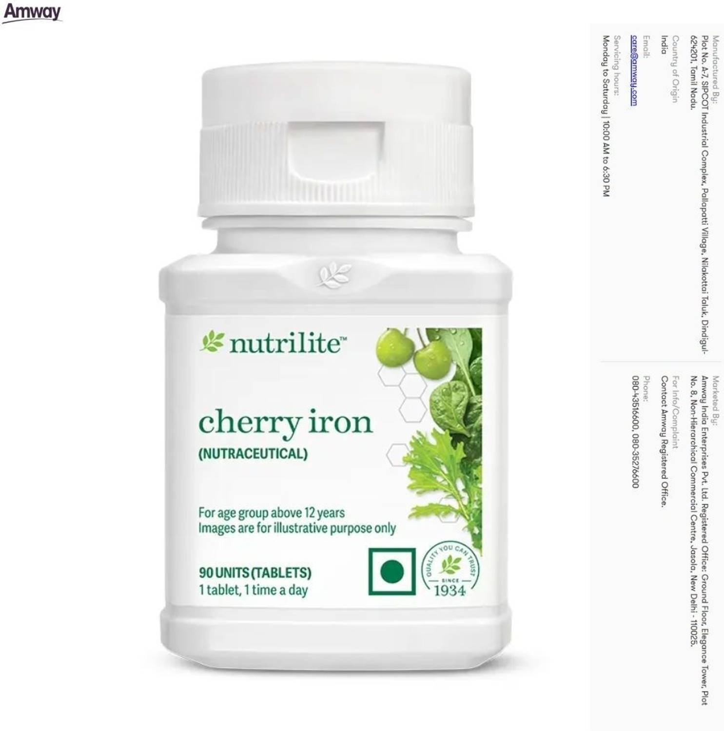 Amway Nutrilite Cherry Iron contains 65 mg of Vitamin C to aid iron absorption