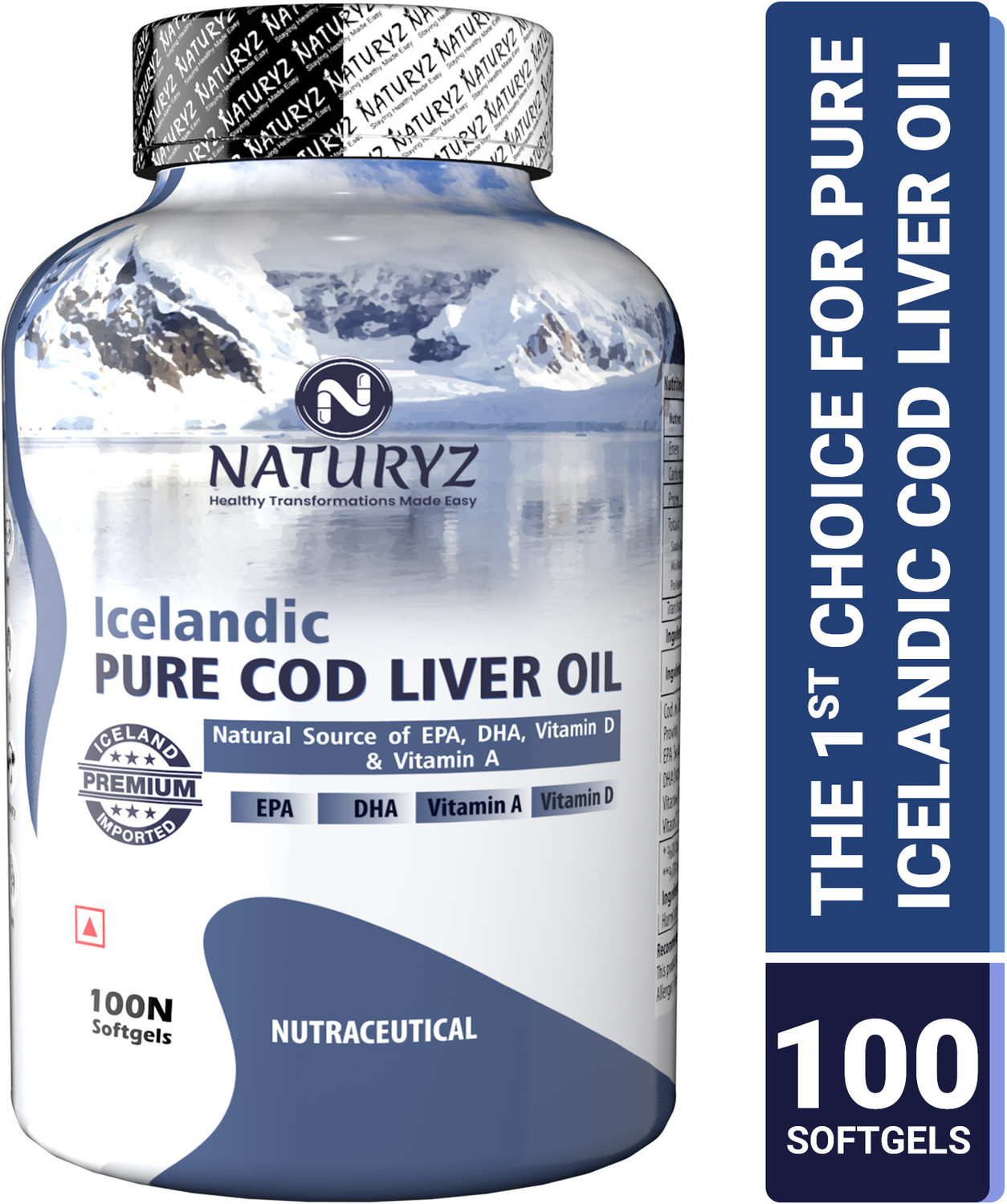 Image of NATURYZ Icelandic COD Liver Oil Capsules with Natural Omega 3 and Vitamins (A & D)