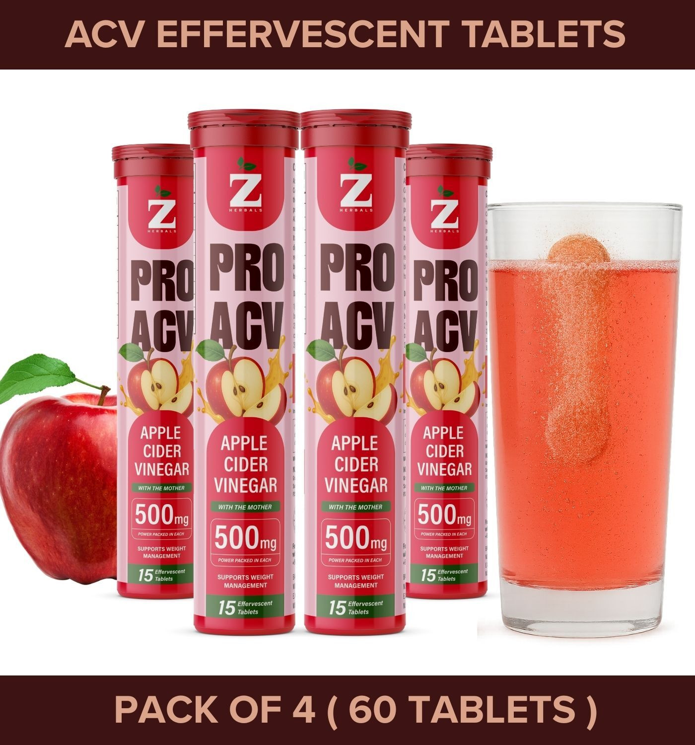 Image of Zidella Herbals Apple Cider Vinegar with Mother - 60 Effervescent Tablets for Weight Loss