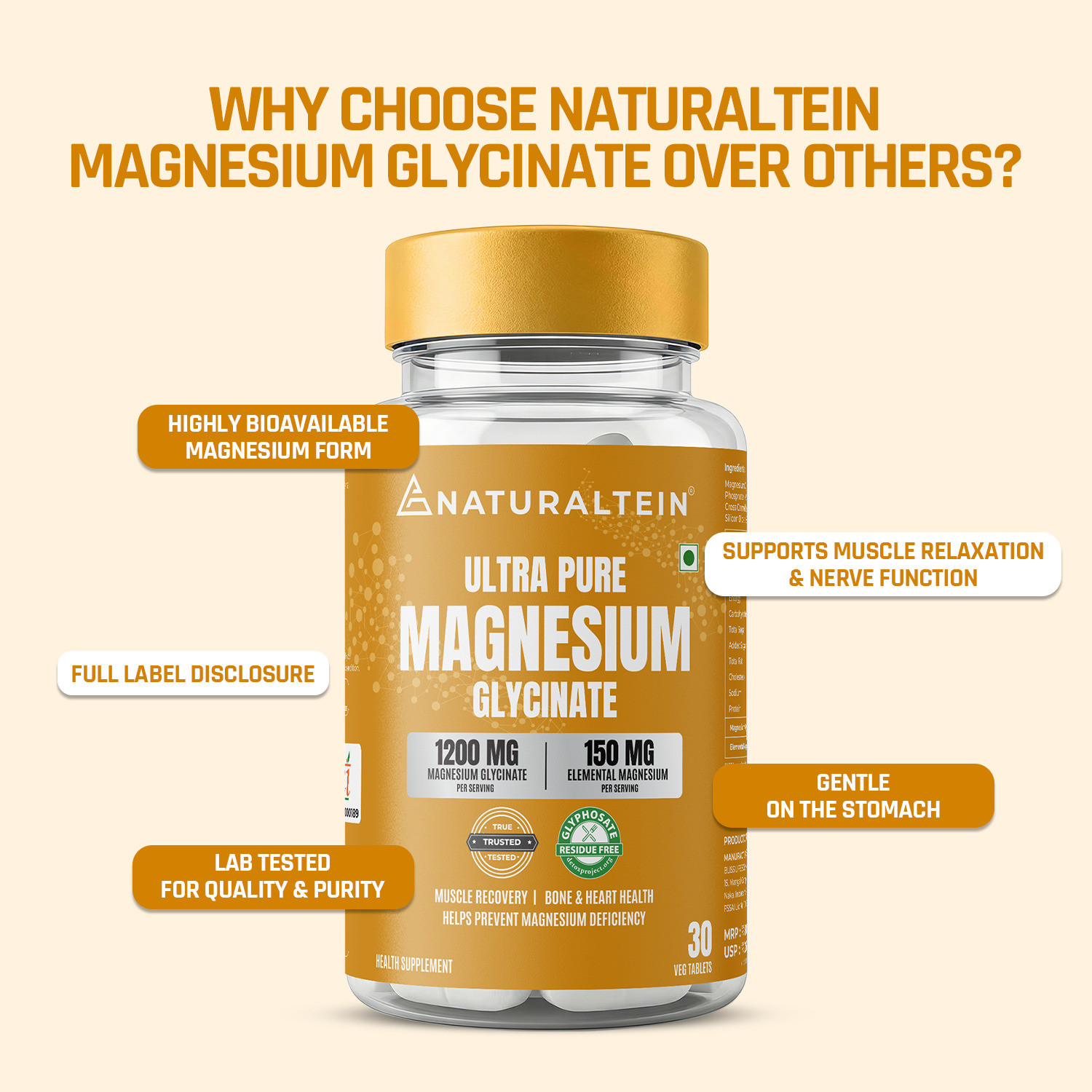 Image of NATURALTEIN Magnesium glycinate 1200mg Sleep, Brain, Muscle & Heart Support