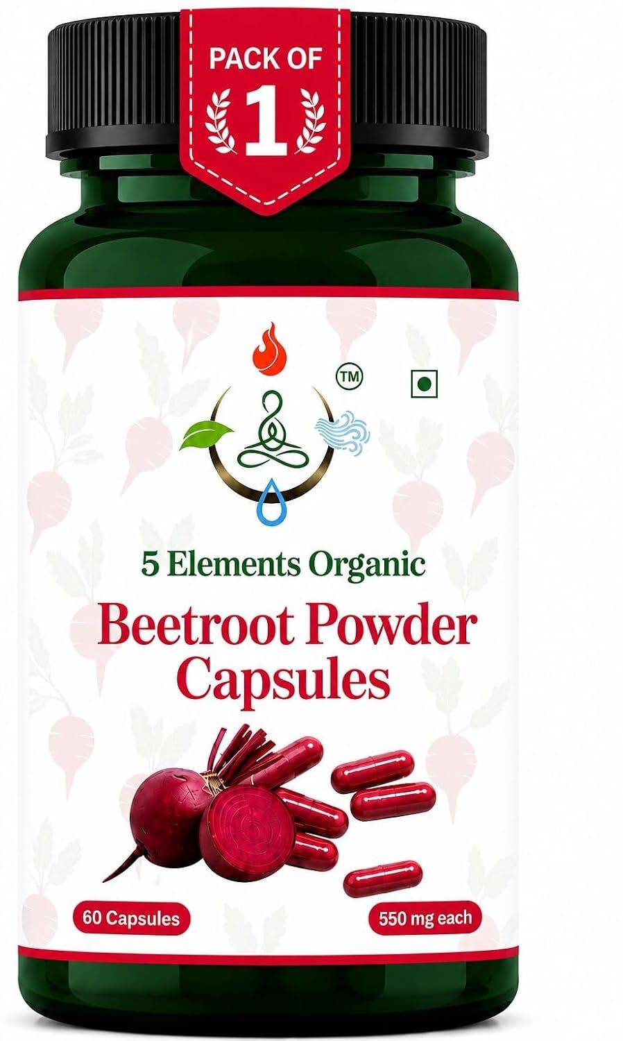 5 ELEMENTS ORGANIC Beetroot Powder Capsules | Natural Beetroot Supplement 60 Capsules