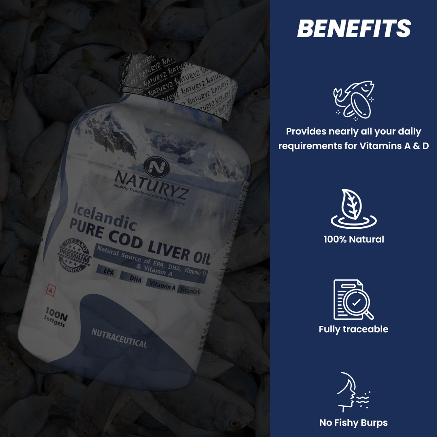 Image of NATURYZ Icelandic COD Liver Oil Capsules with Natural Omega 3 and Vitamins (A & D)