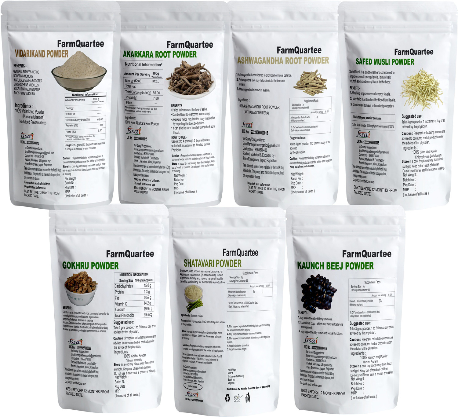 Image of FarmQuartee vidharikand Akarkara Ashwagandha Safed Musli Gokhru Shatavari Kaunch Powder (7 x 25 g)