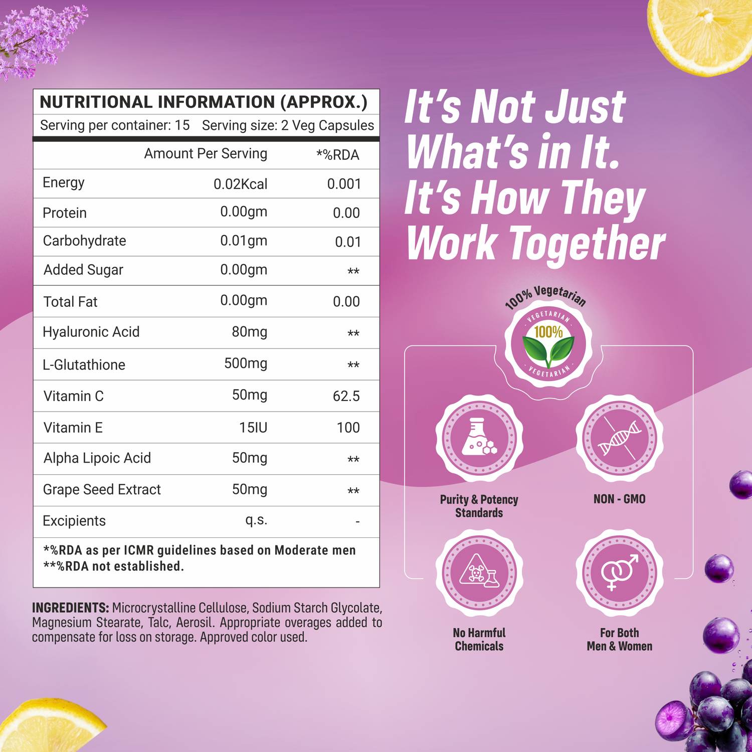 sainebio L-Glutathione 500 mg with Vitamins C, E, Hyaluronic Acid, ALA - Image 3