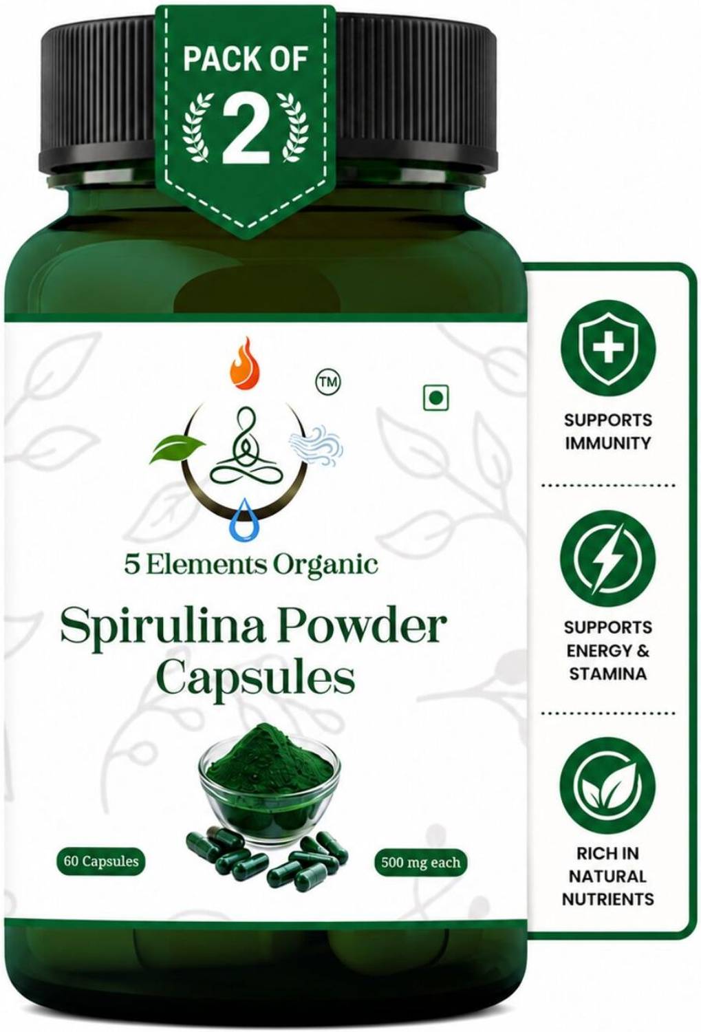 5 ELEMENTS ORGANIC 5 Elements Spirulina Capsules | Pure Spirulina Plant Based Supplement