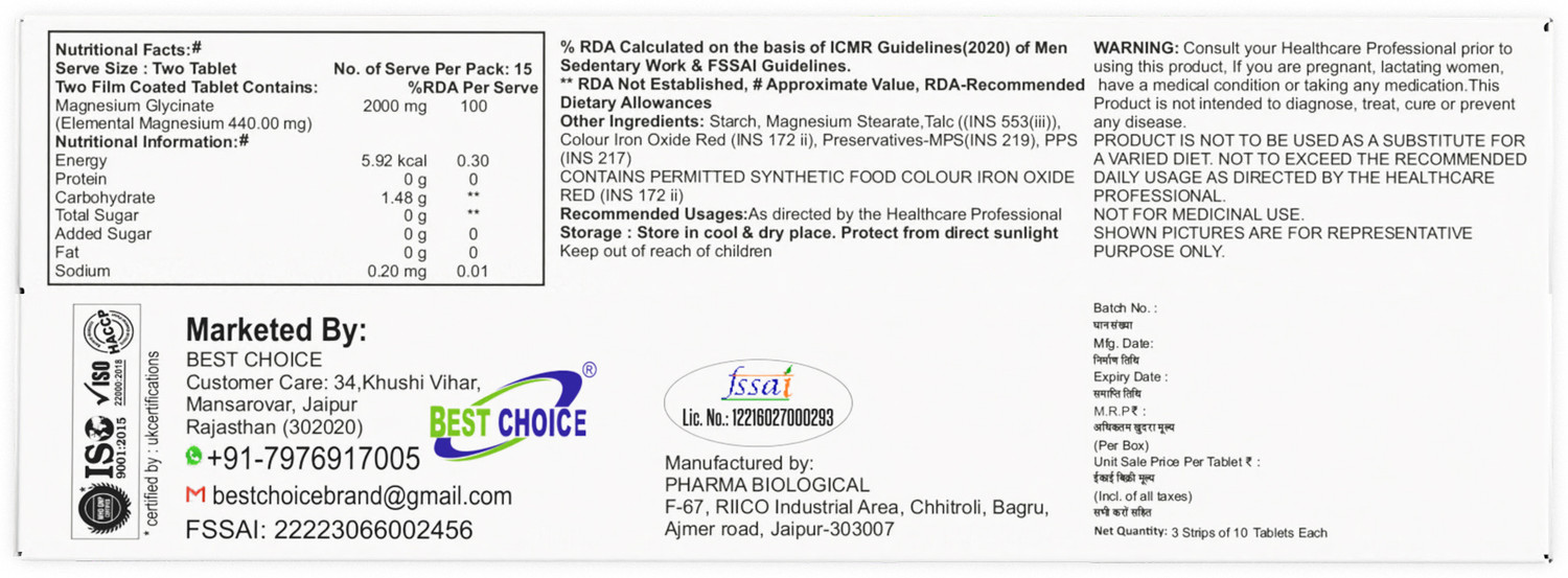 Image of BEST CHOICE NUTRITION Magnesium Glycinate Tablets For Muscle Recovery, Sleep & Nerve Health