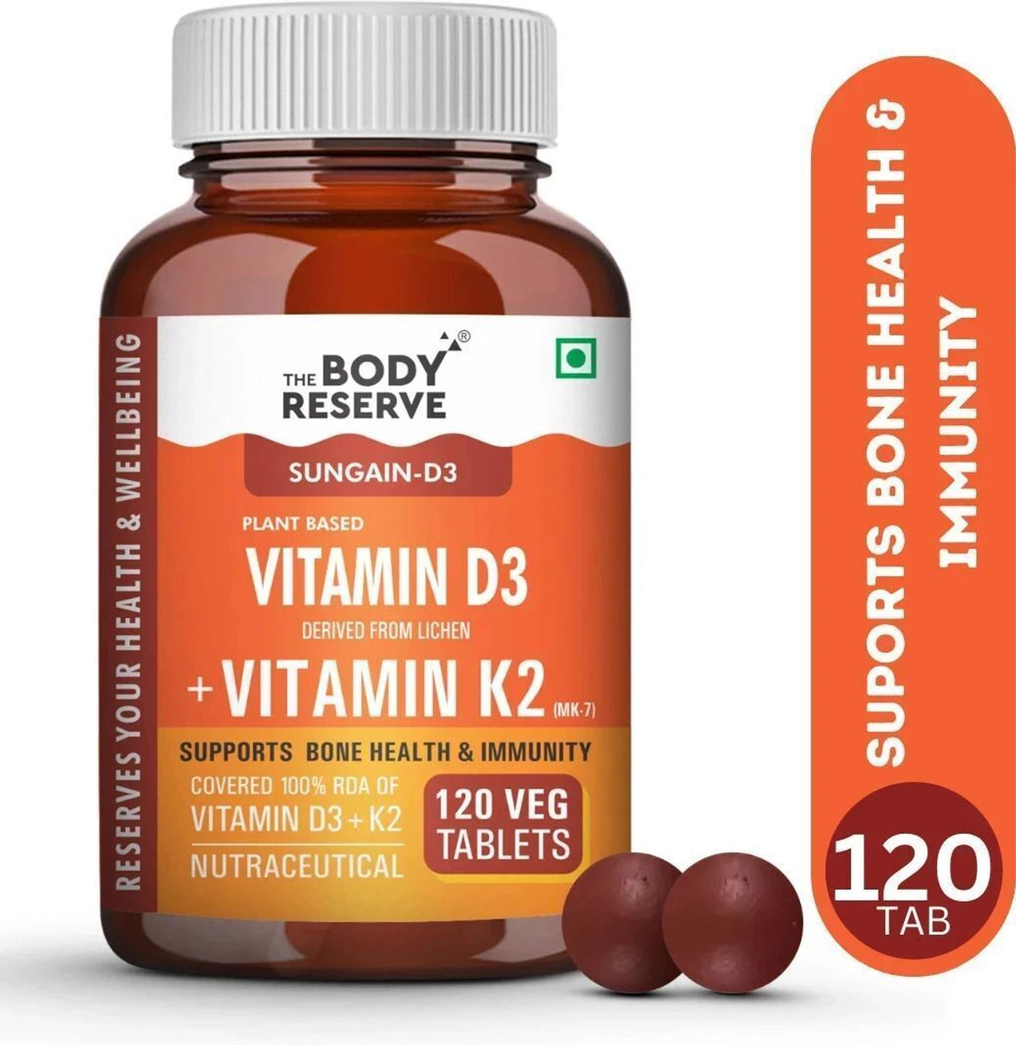 Image of THE BODY RESERVE Vitamin D3 K2 MK7 100% RDA Plant-Based Supplement from Lichen Source