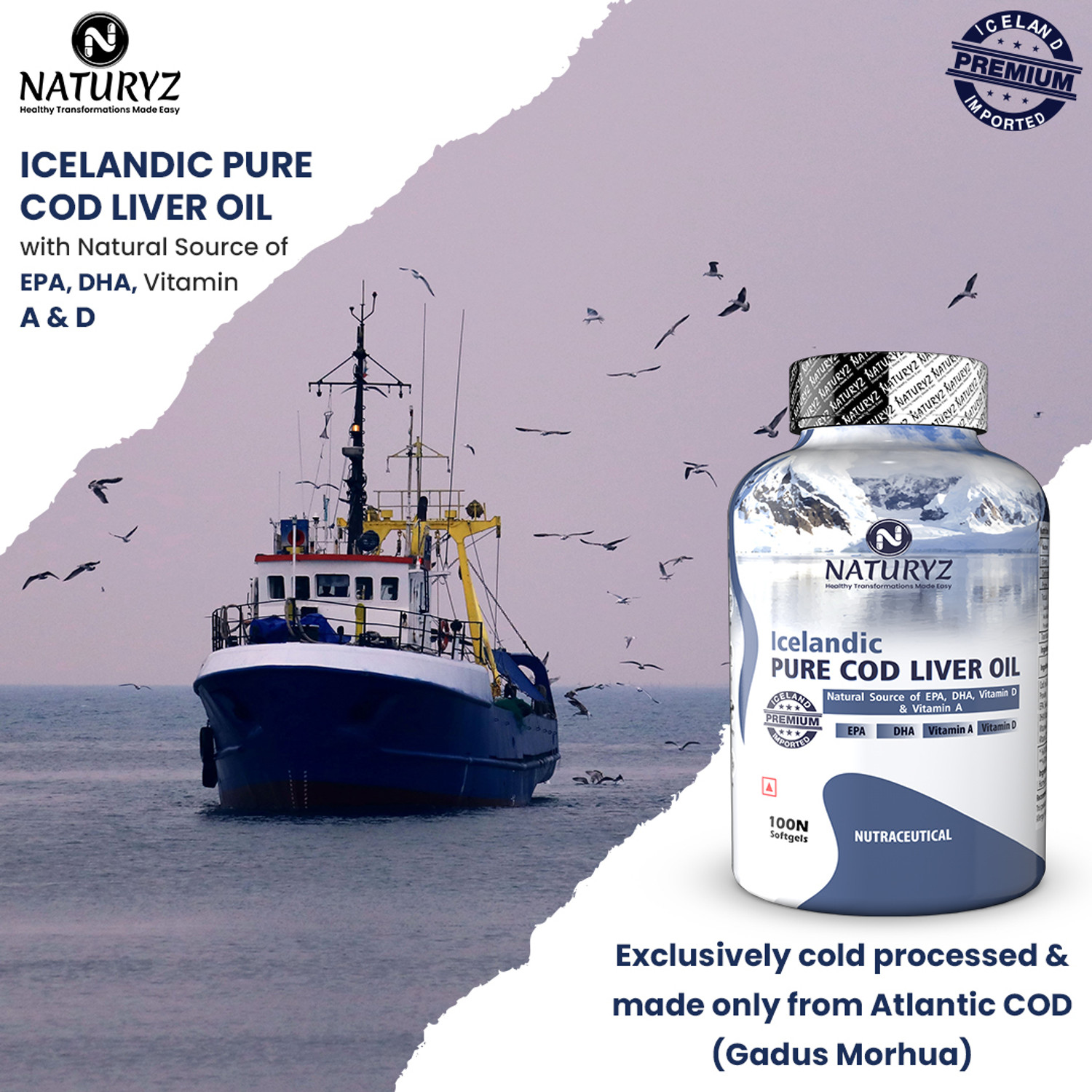 Image of NATURYZ Icelandic COD Liver Oil Capsules with Natural Omega 3 and Vitamins (A & D)