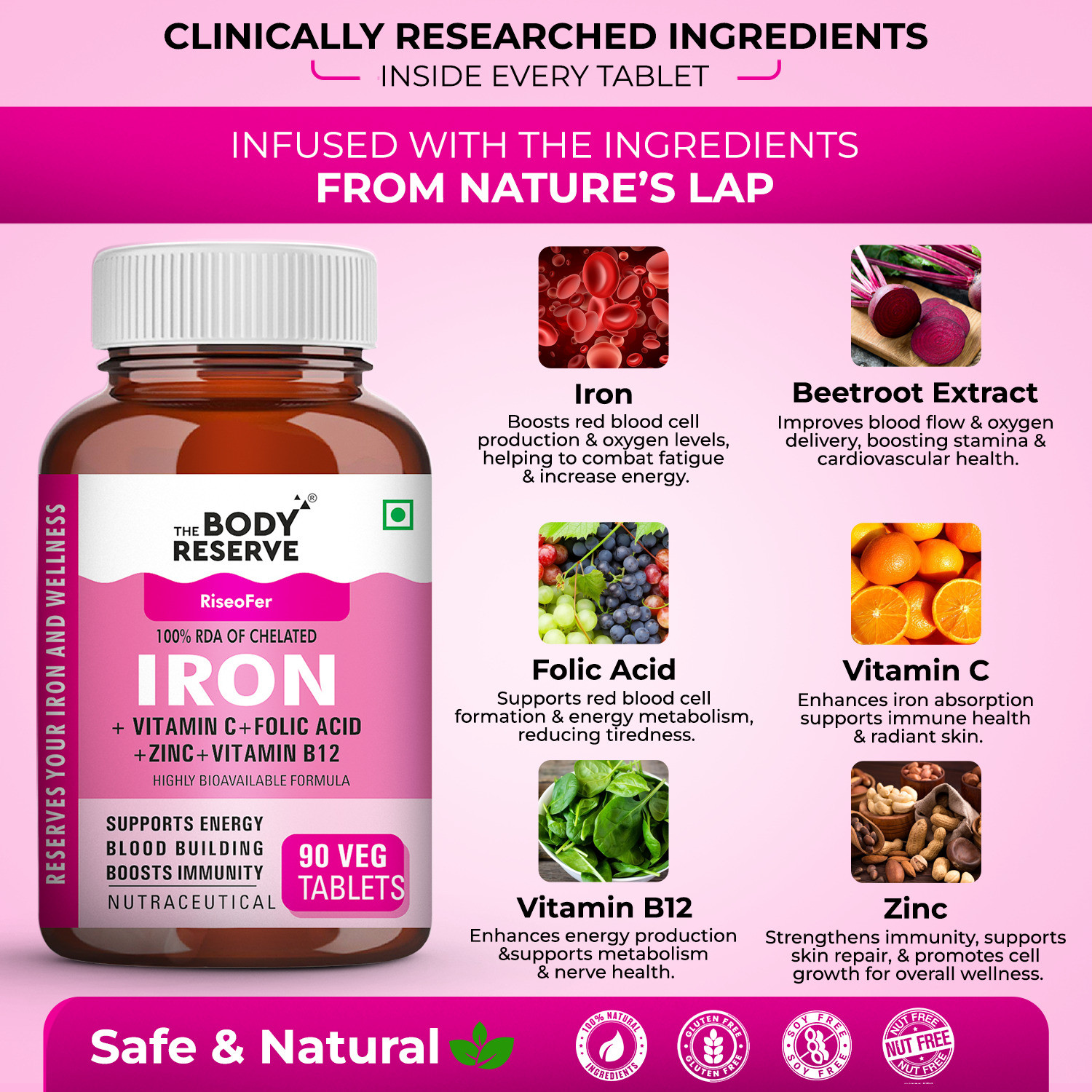 Image of THE BODY RESERVE Chelated Iron Tablets for Women & Men with Folic Acid | Iron Supplement,B12,Zinc