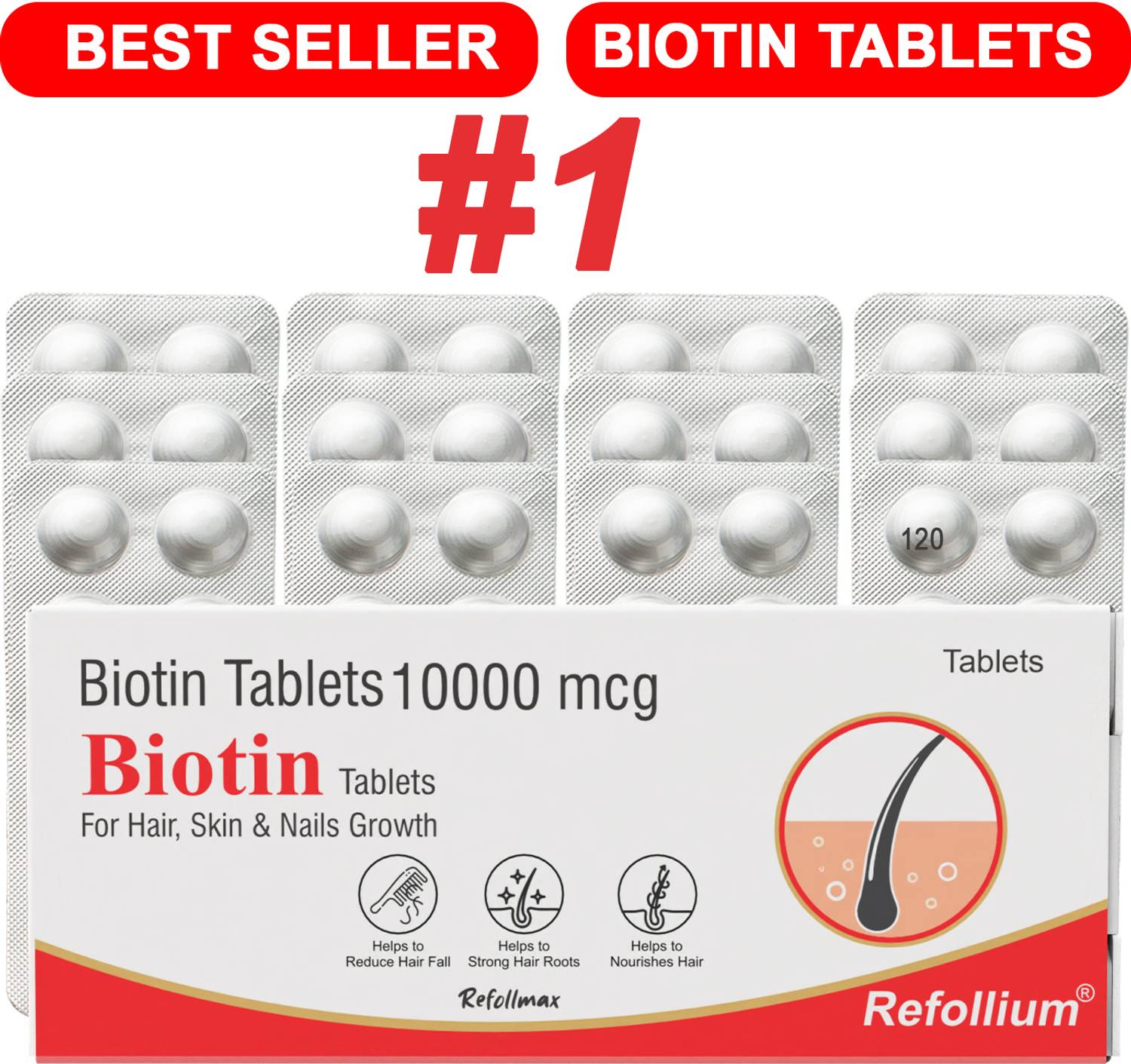 Refollium Biotin 10000 mcg Maximum Strength Hair, Skin and Nails