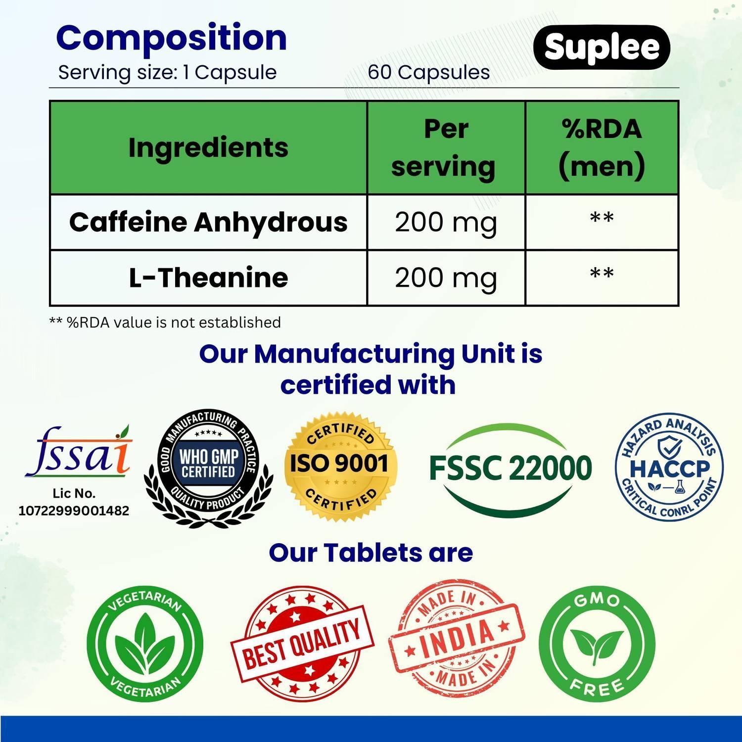 Suplee Caffeine 200 mg + L-Theanine 200 mg Veg Capsules - Image 4
