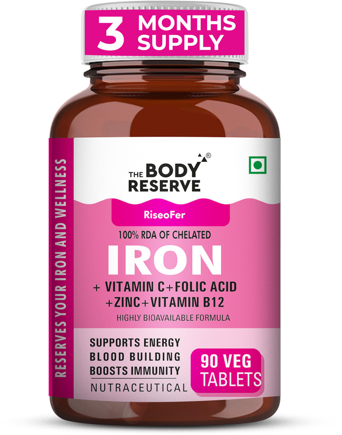 Image of THE BODY RESERVE Chelated Iron Tablets for Women & Men with Folic Acid | Iron Supplement,B12,Zinc