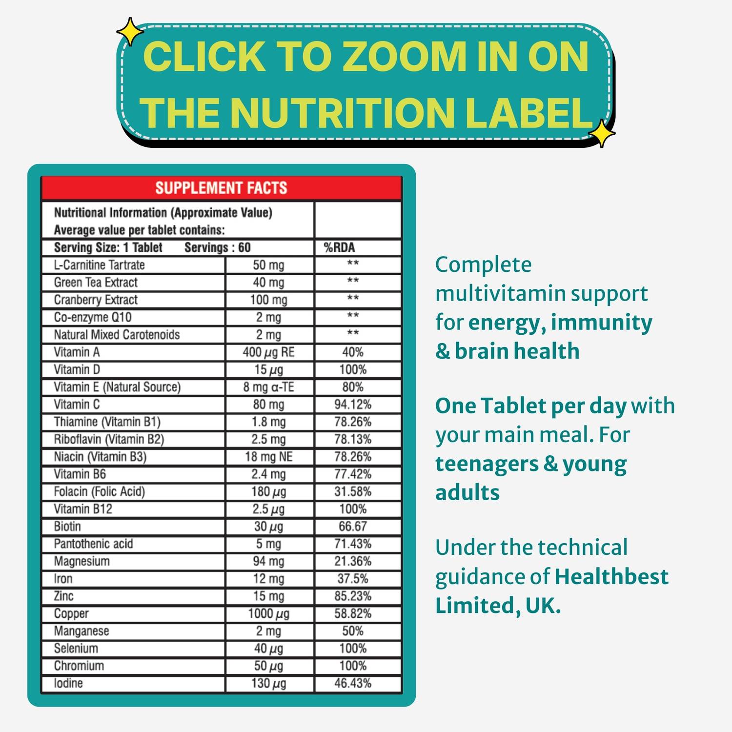 HealthBest Teenbest Multivitamin Tablets 60 Pack of 2 60 Tablets - Image 2
