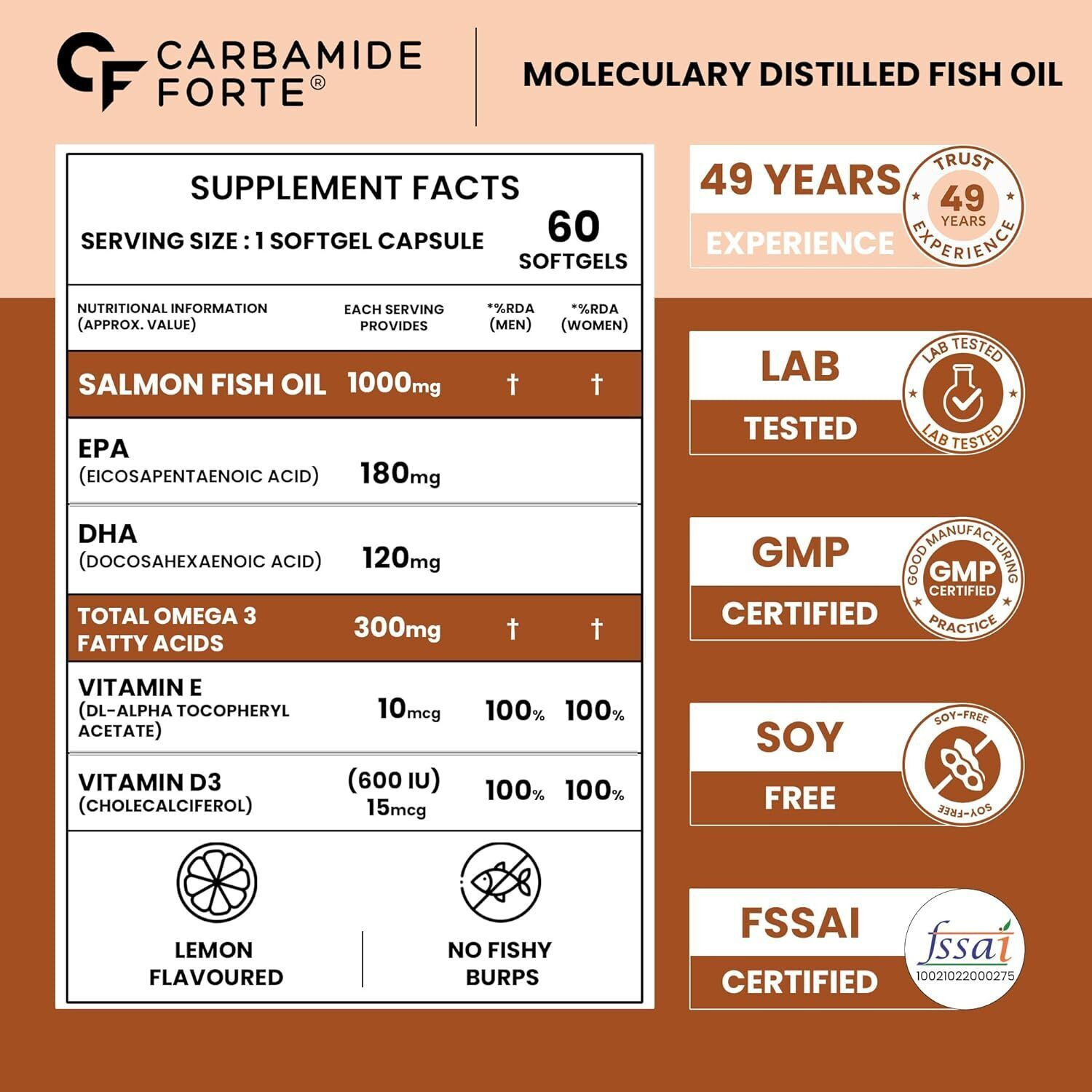 Image of CARBAMIDE FORTE Salmon Fish Oil Omega 3 Capsules 1000mg With Vitamin D3 + E For Heart Health