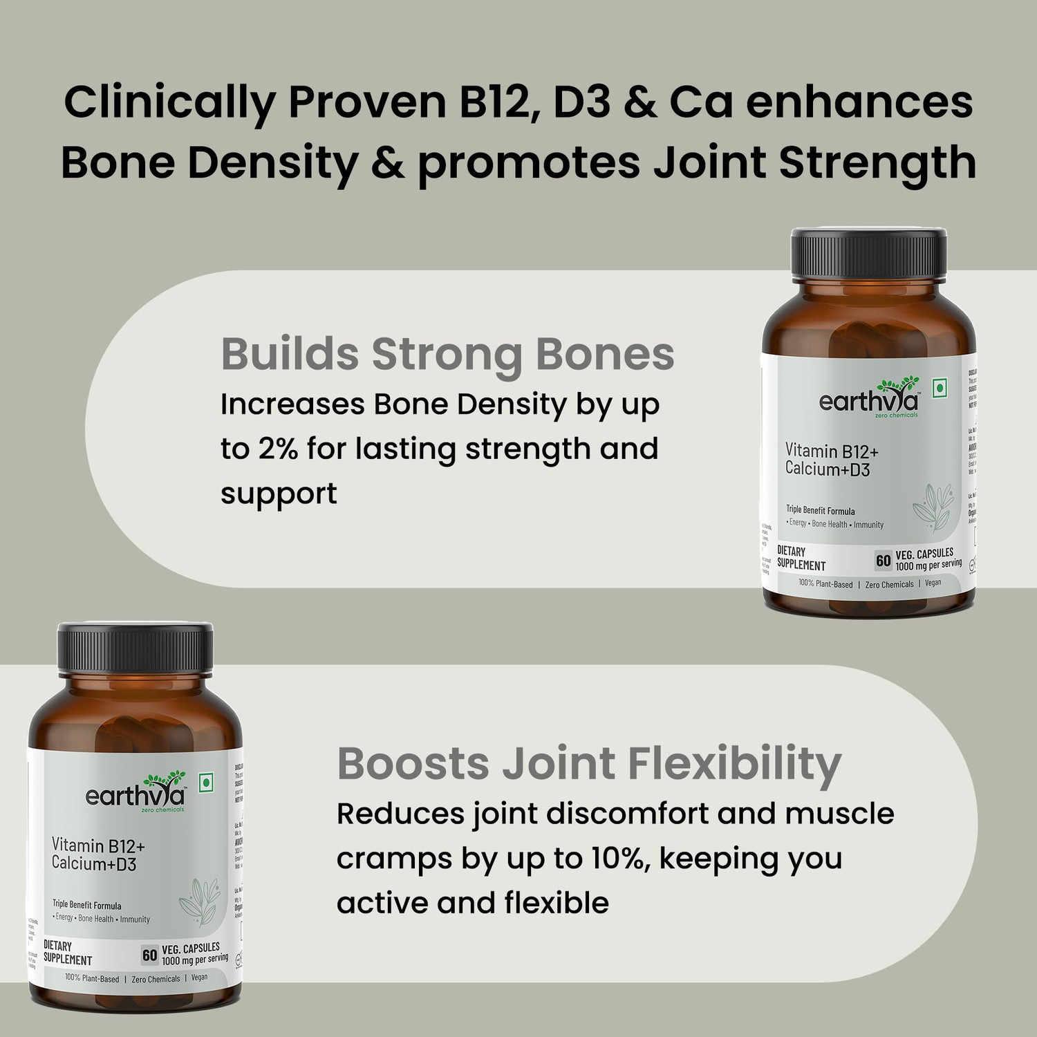 Image of earthvya Plant-Based Vitamin B12 Supplement + Calcium D3 for Energy, Bone & Immunity (60 Capsules)