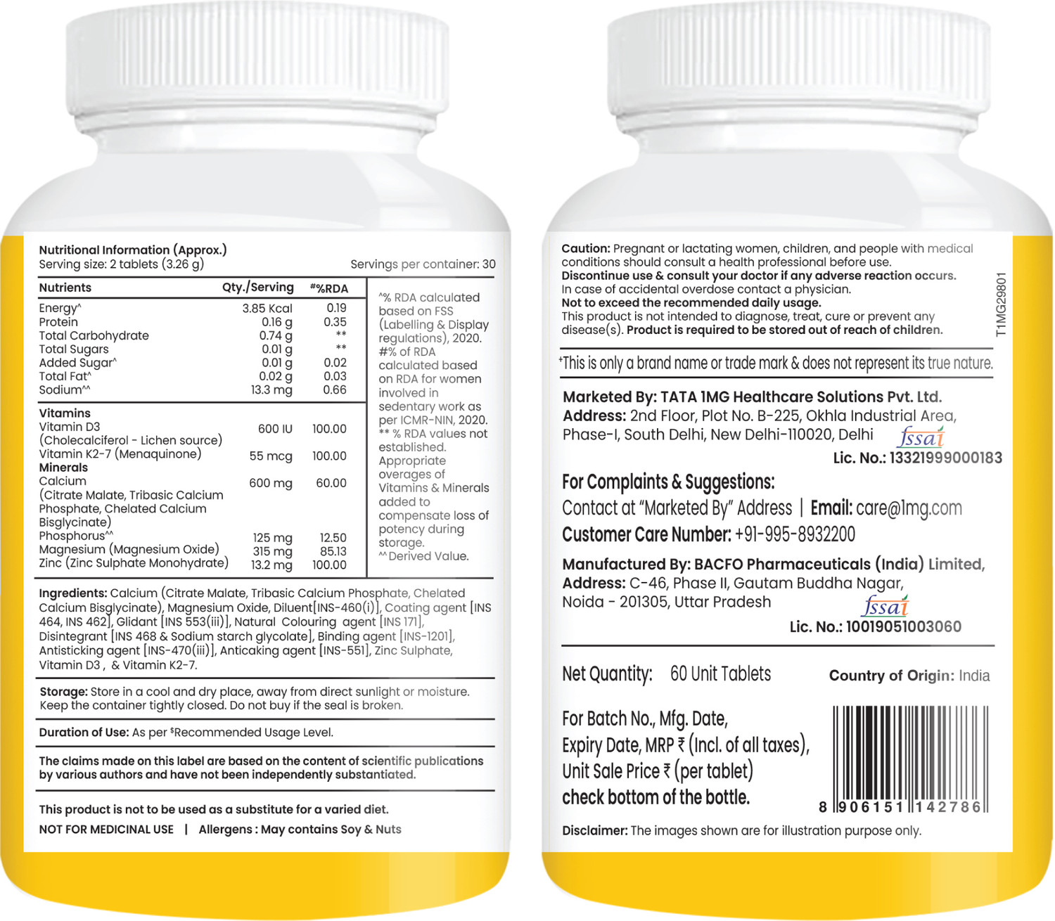 Image of TATA 1mg Triple Calcium 600 mg with D3 & K2-7 - 60 Tablets