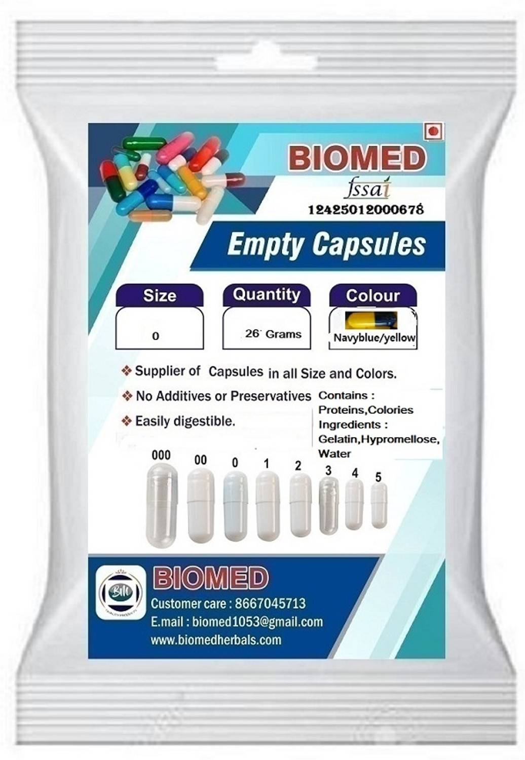 biomed Pharma raw materials Empty Gelatin Capsules size 0 NavyBlue / Yellow