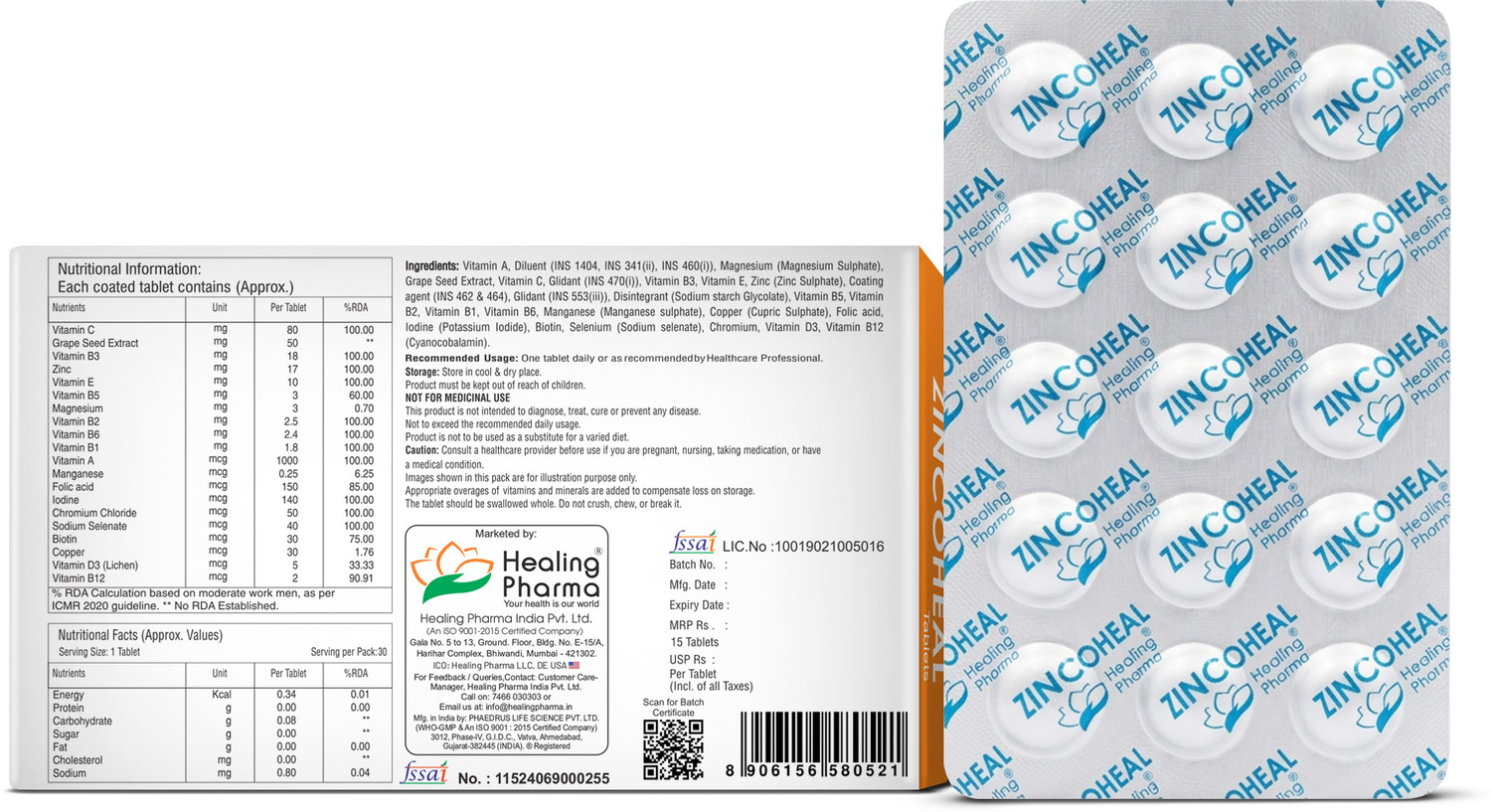 Image of healing pharma Zincoheal Zinc & Vitamin C Tablet with Multivitamins | Daily Immunity Booster