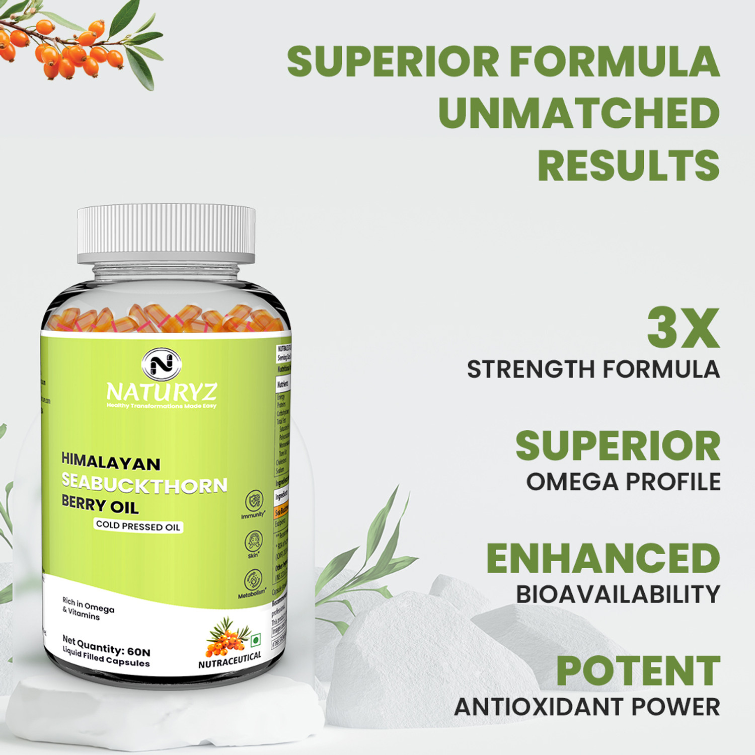 Image of NATURYZ Himalayan Sea buckthorn berry oil Omega 3-6-7-9 | Vitamin C & E | Veg Capsules
