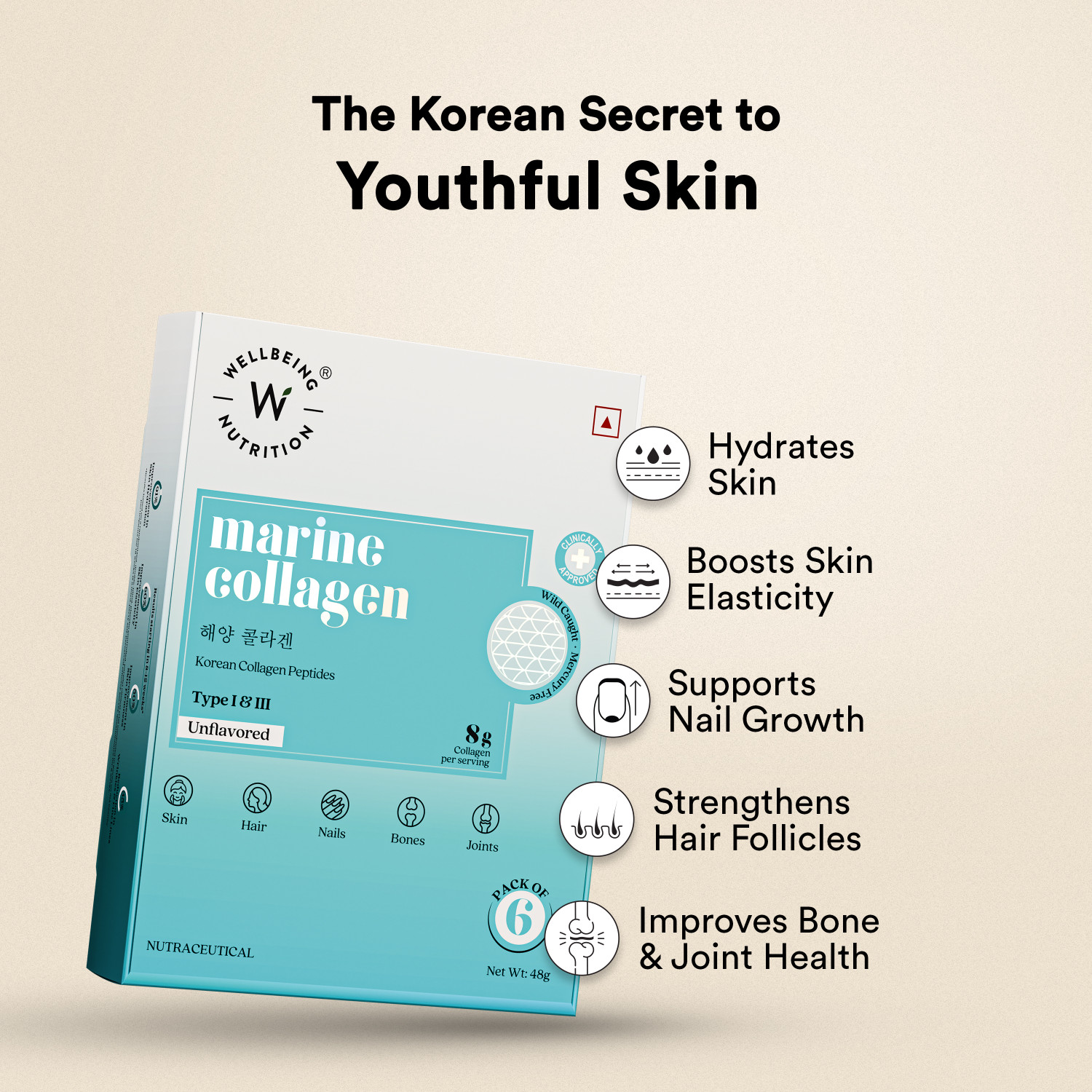 Image of Wellbeing Nutrition Pure Korean Marine Collagen Powder | Collagen Supplement for Skin Hair Nails