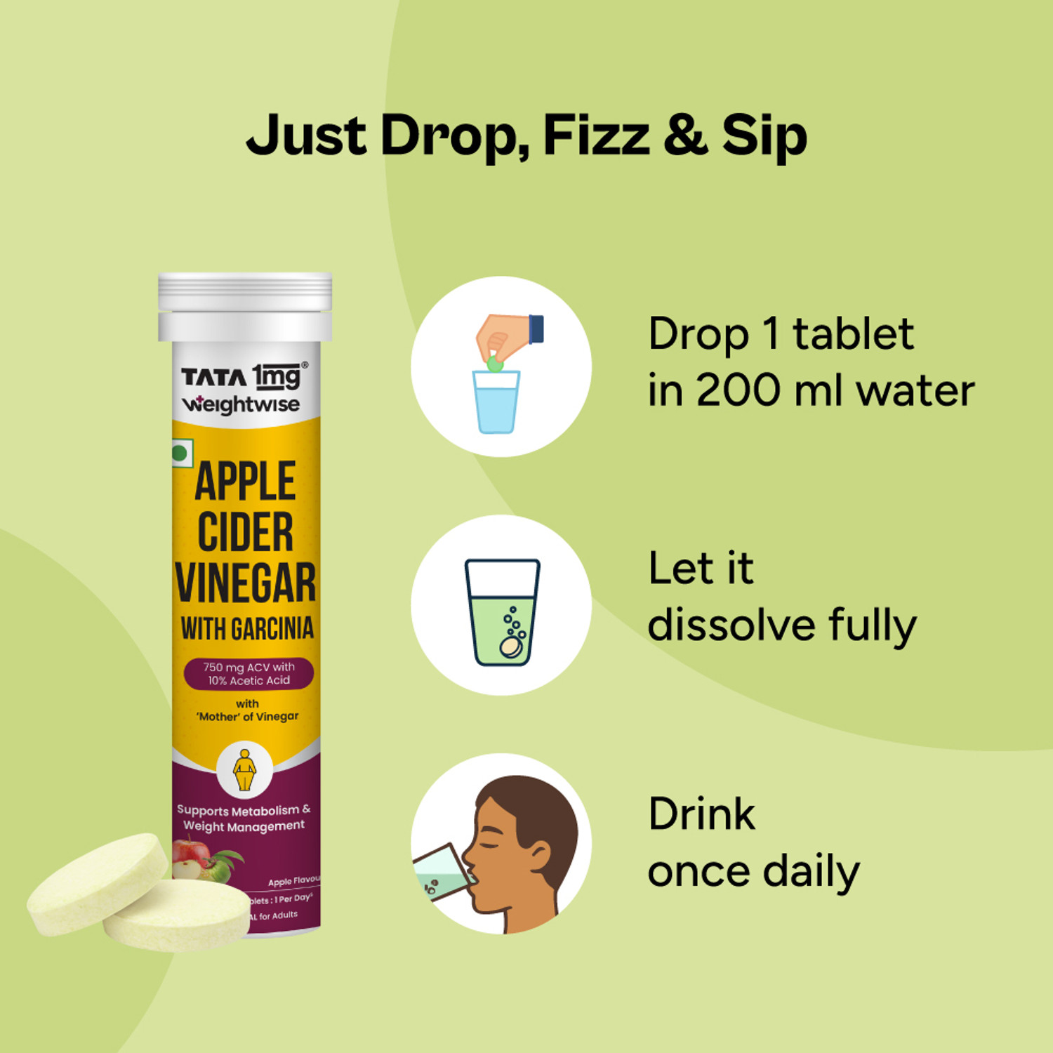 Image of TATA 1mg Apple Cider Vinegar Effervescent Tablets|ACV+Garcinia Cambogia