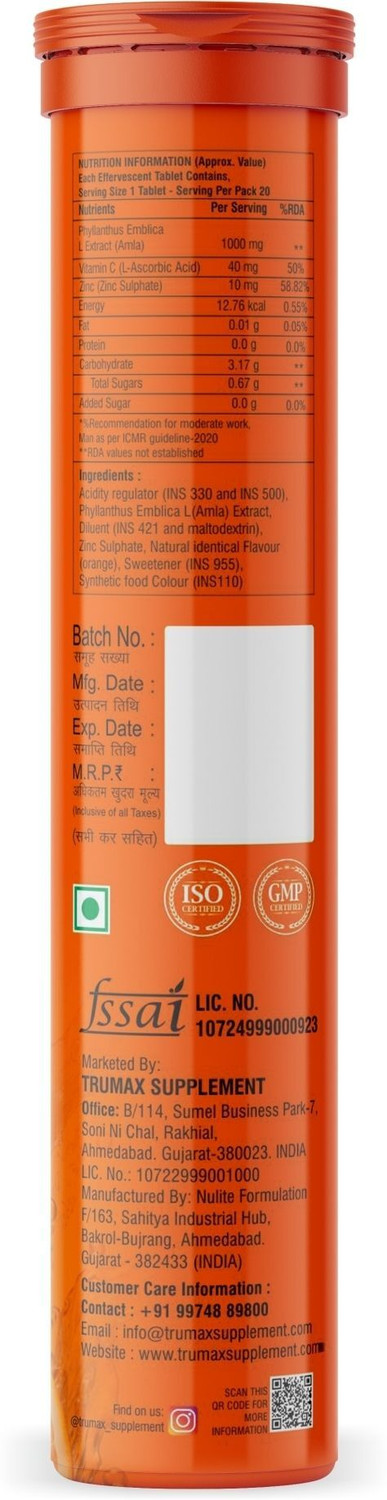 Image of TRUMAX Immunity booster Vitamin C Effervescent - 1000mg Amla, Zinc - Skin Protection
