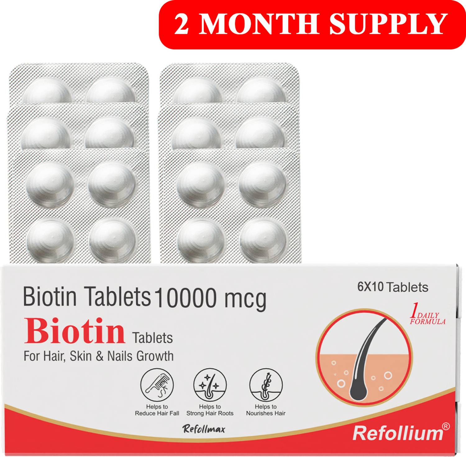 1DAILYFORMULA Refollium Biotin 10,000 mcg - Image 1