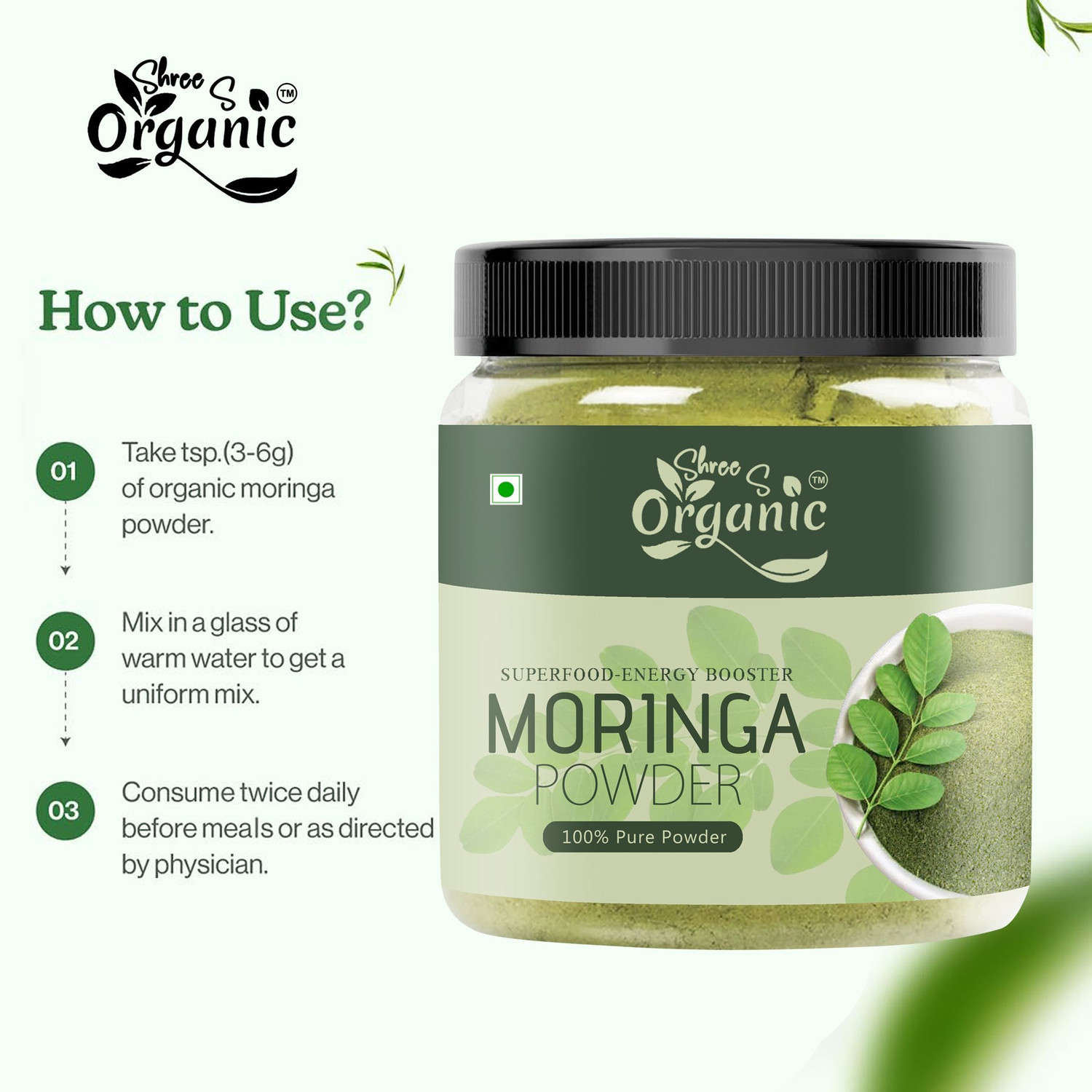 Image of SHREE S ORGANIC Pure Moringa Powder 250g - Natural Superfood | Immunity Booster | Rich in Iron