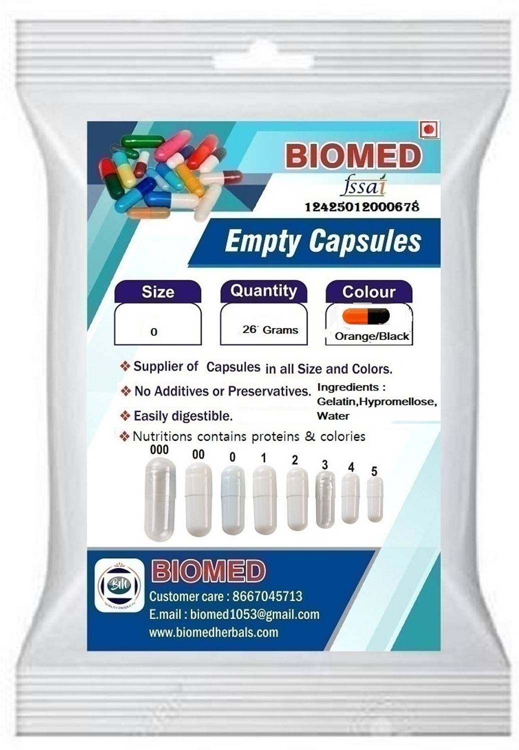biomed Pharma raw materials Empty Gelatin Capsules size 0 Orange / Black
