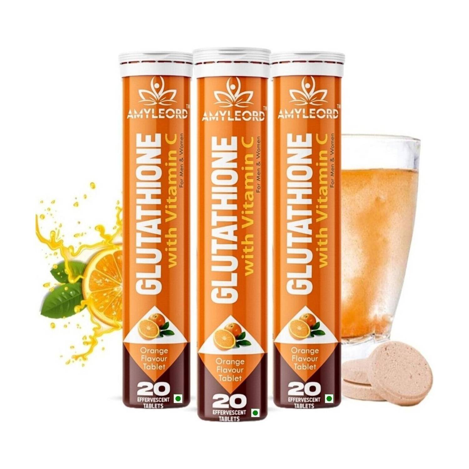 Amyleord Glutathione Skin Glow Effervescent with Vitamin C For Glowing skin | Orange