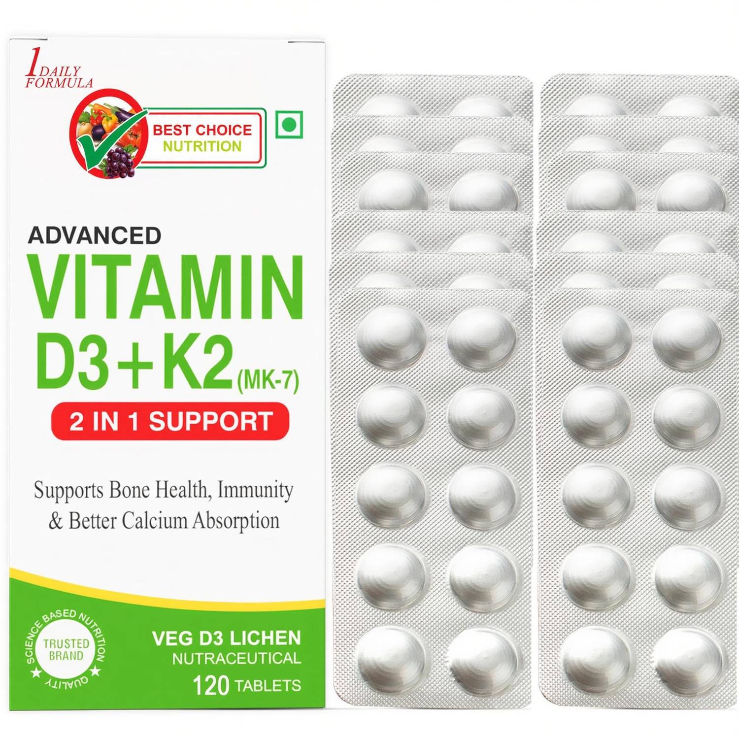 1DAILYFORMULA Best Choice Nutrition Vitamin D3 + K2 MK-7 Tablets Bone Health & Calcium Support