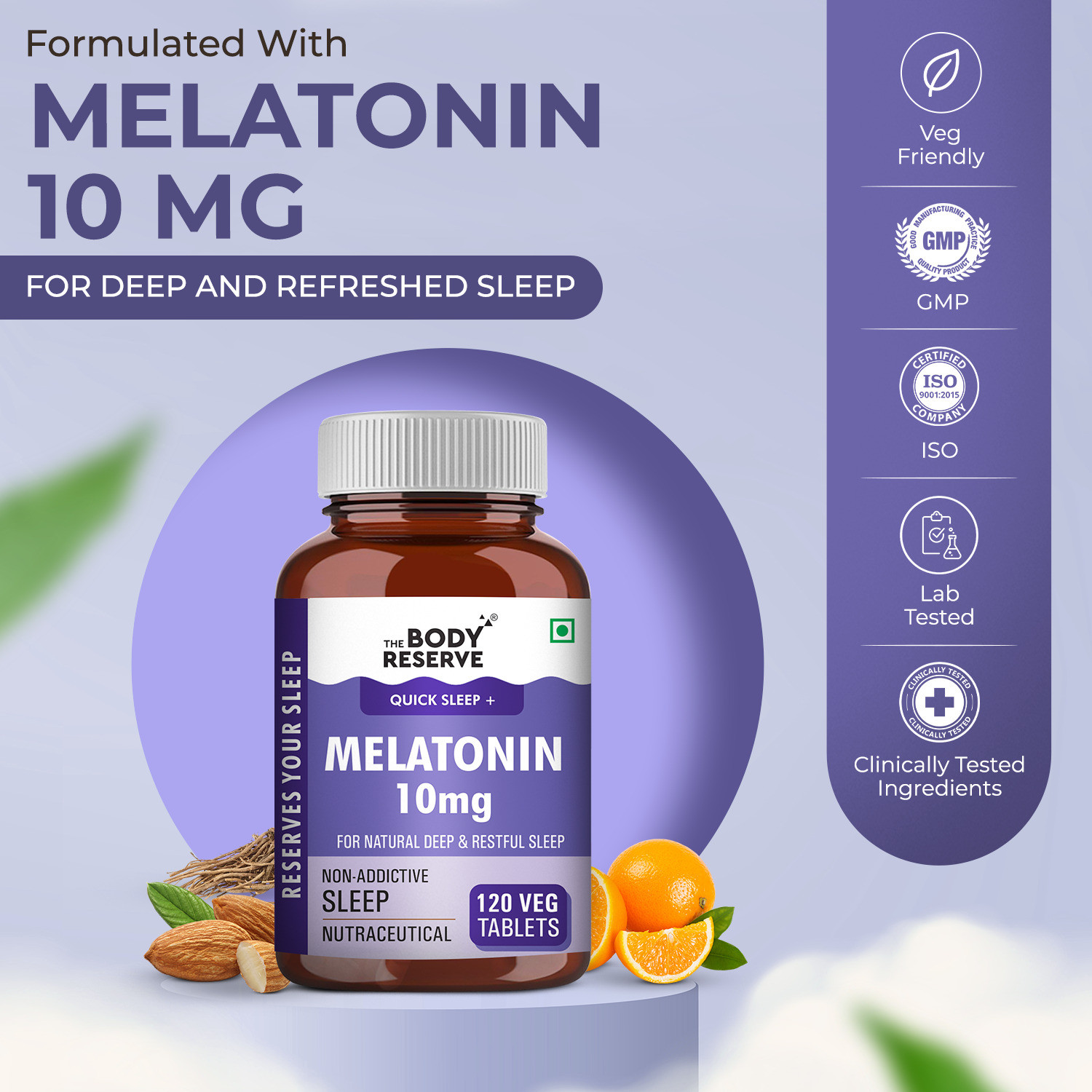 Image of THE BODY RESERVE Melatonin 10mg (120) Tablets for Natural Deep Sleep, Muscle & Nerve Relaxation.