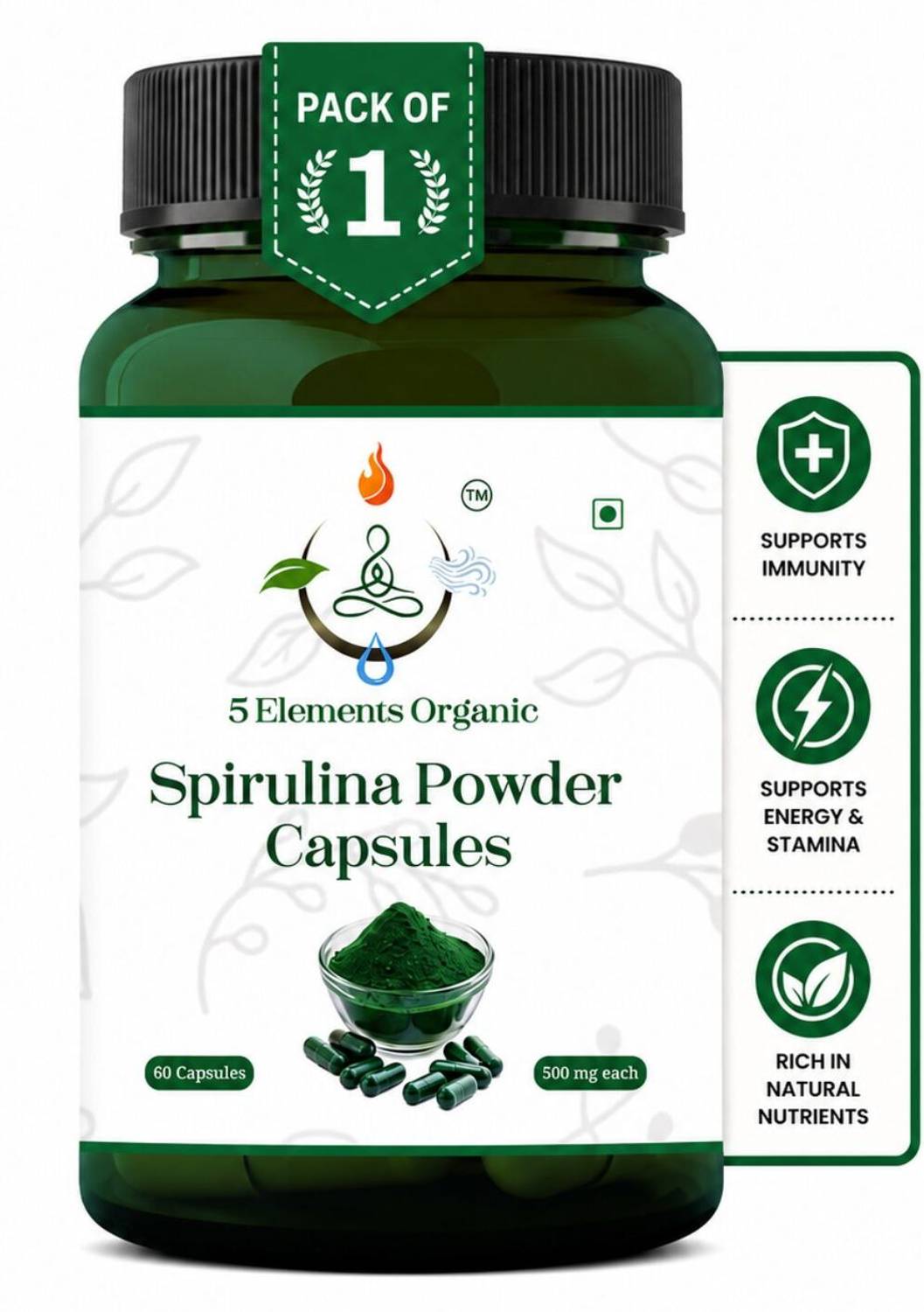 5 ELEMENTS ORGANIC 5 Elements Spirulina Powder Capsules | Pure Spirulina Plant Based Supplement
