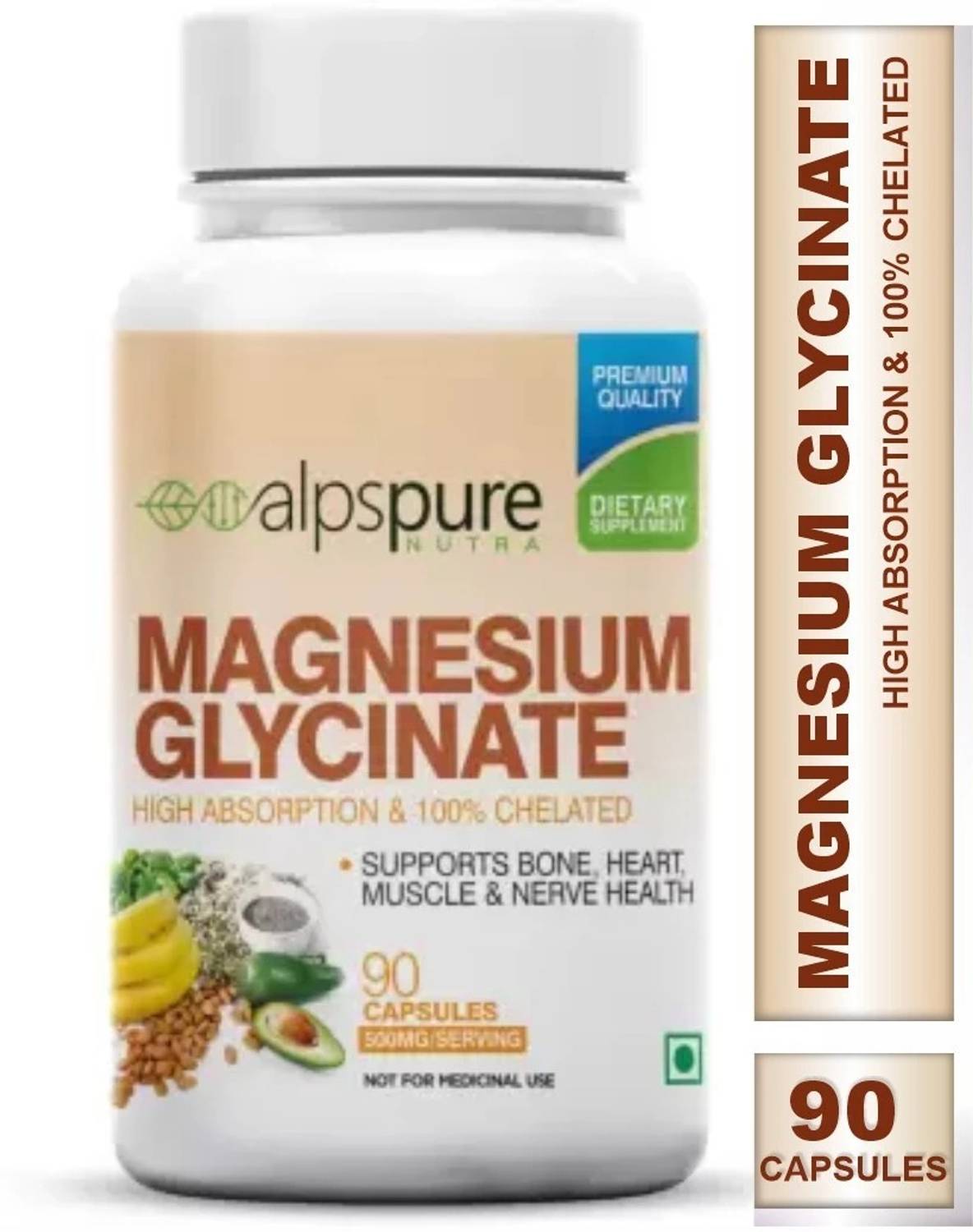 ALPSPURE Magnesium Glycinate for Healthy Heart and Nerve Health 500 mg- 90 Capsules