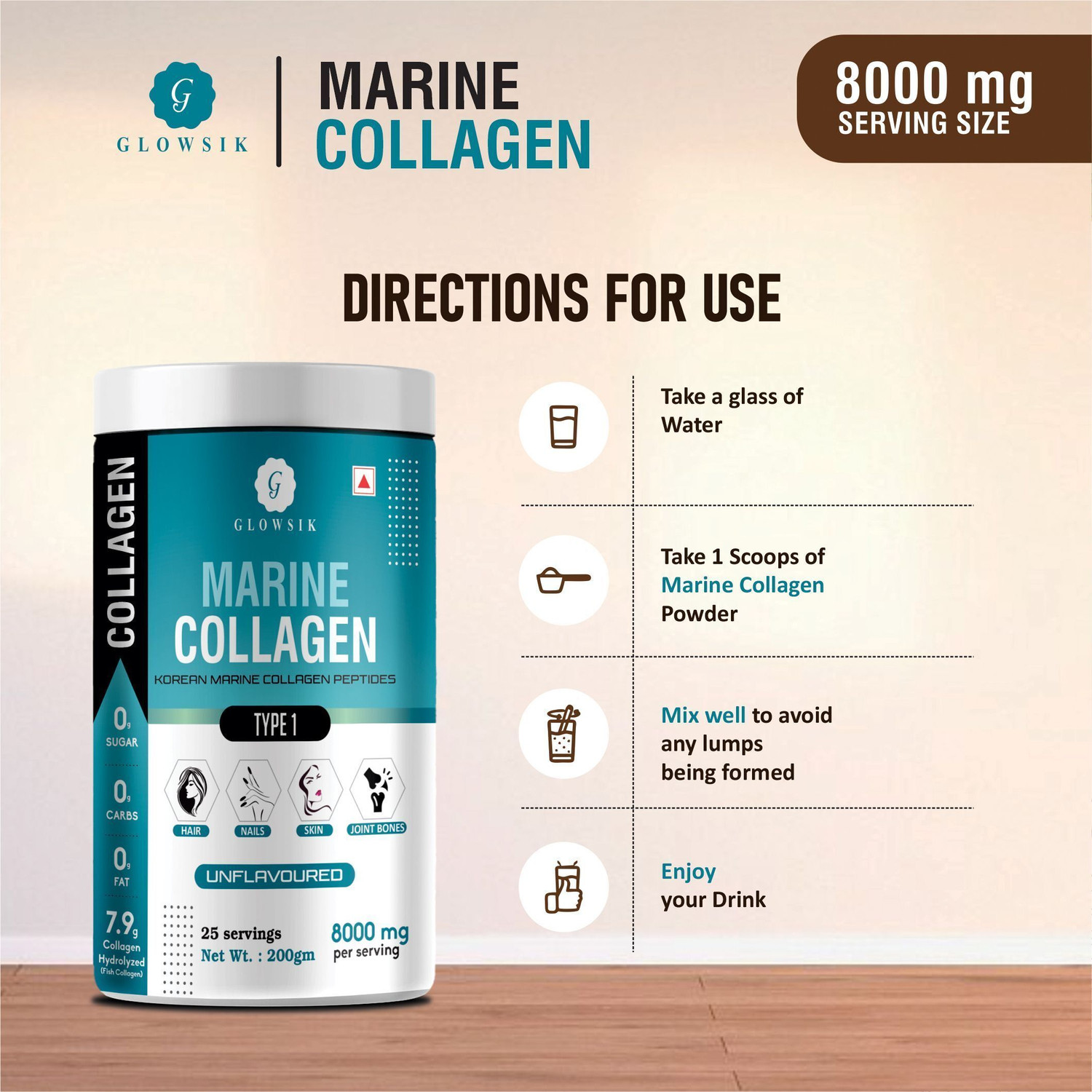Image of G GLOWSIK Korean Marine Collagen Powder Hydrolyzed Collagen for Glow & Healthy Skin , Hair