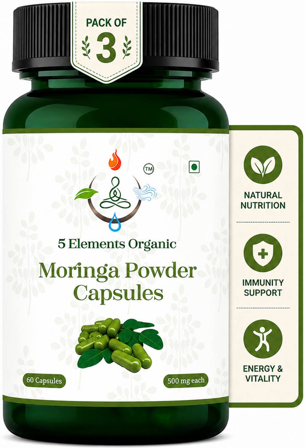 5 ELEMENTS ORGANIC Moringa Capsules 500mg | 60 Veg Capsules | Immunity, Energy