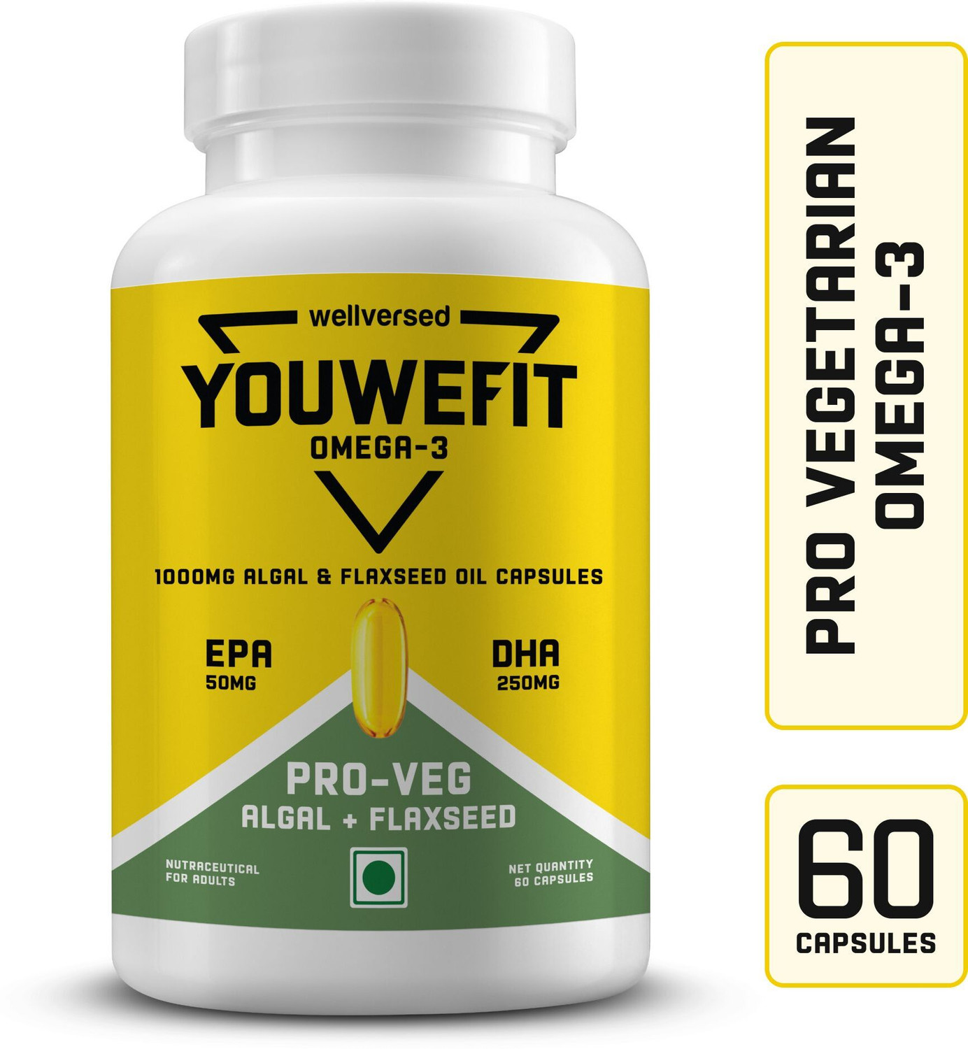 Image of YouWeFit Pro-Vegetarian Omega-3 Capsules | 1000mg Algal Oil + Flaxseed Oil Capsules